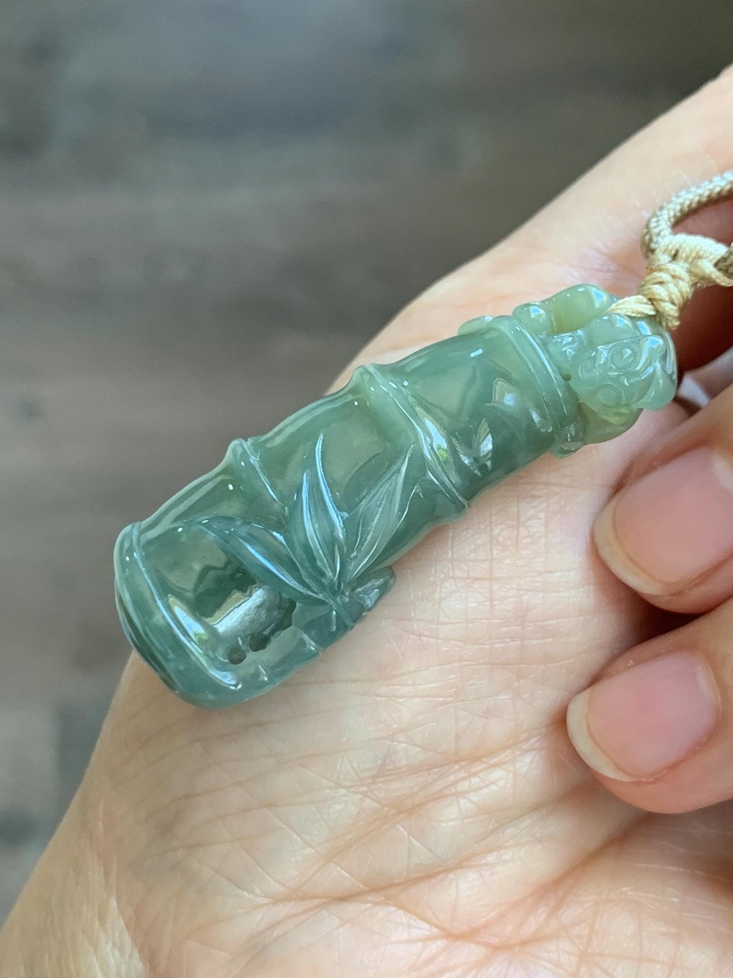 Natural Grade A Guatemalan Icy Translucent Dusty Blue Yellow Bicolored Jade Jadeite Bamboo Pixiu Pendant Rope Necklace 天然冰危黄蓝翡翠竹节貔貅吊坠 WZP110