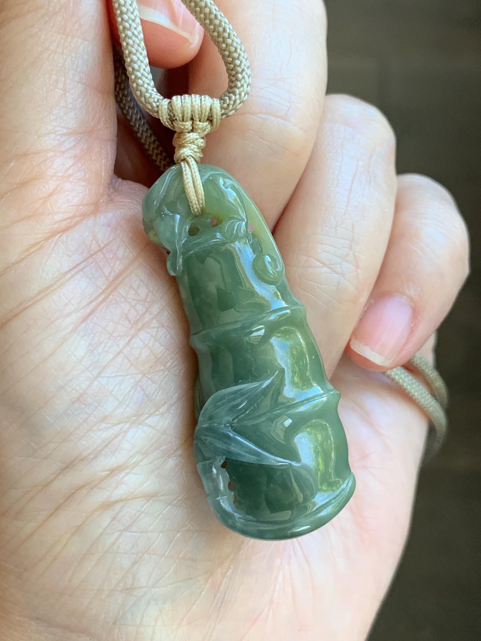 Natural Grade A Guatemalan Icy Translucent Dusty Blue Yellow Bicolored Jade Jadeite Bamboo Pixiu Pendant Rope Necklace 天然冰危黄蓝翡翠竹节貔貅吊坠 WZP110
