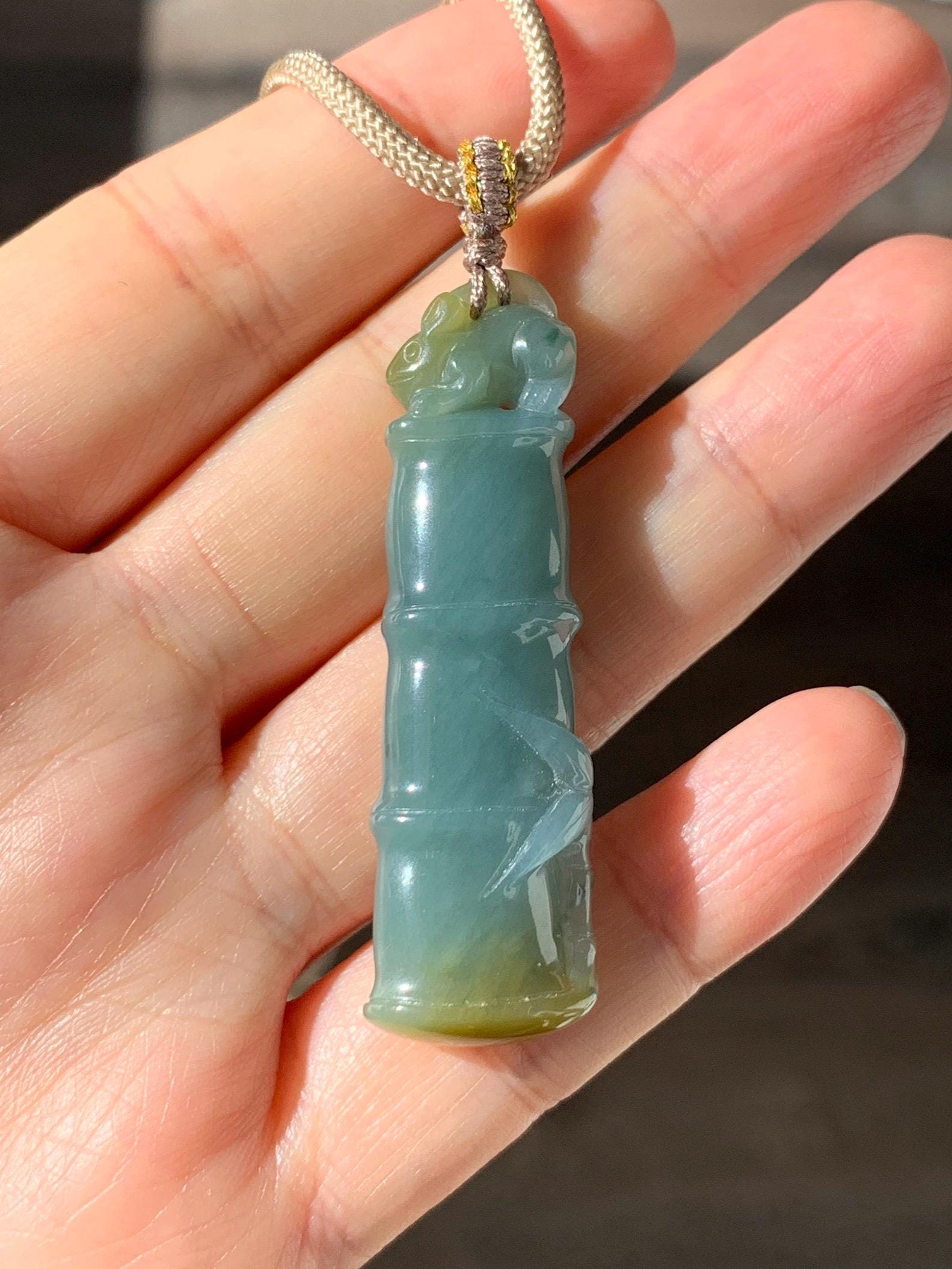 Natural Grade A Guatemalan Icy Translucent Dusty Blue Yellow Bicolored Jade Jadeite Bamboo Mouse Pendant Rope Necklace 天然冰危黄蓝翡翠竹节老鼠吊坠 WZS110