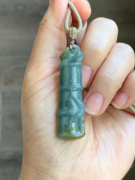 Natural Grade A Guatemalan Icy Translucent Dusty Blue Yellow Bicolored Jade Jadeite Bamboo Mouse Pendant Rope Necklace 天然冰危黄蓝翡翠竹节老鼠吊坠 WZS110
