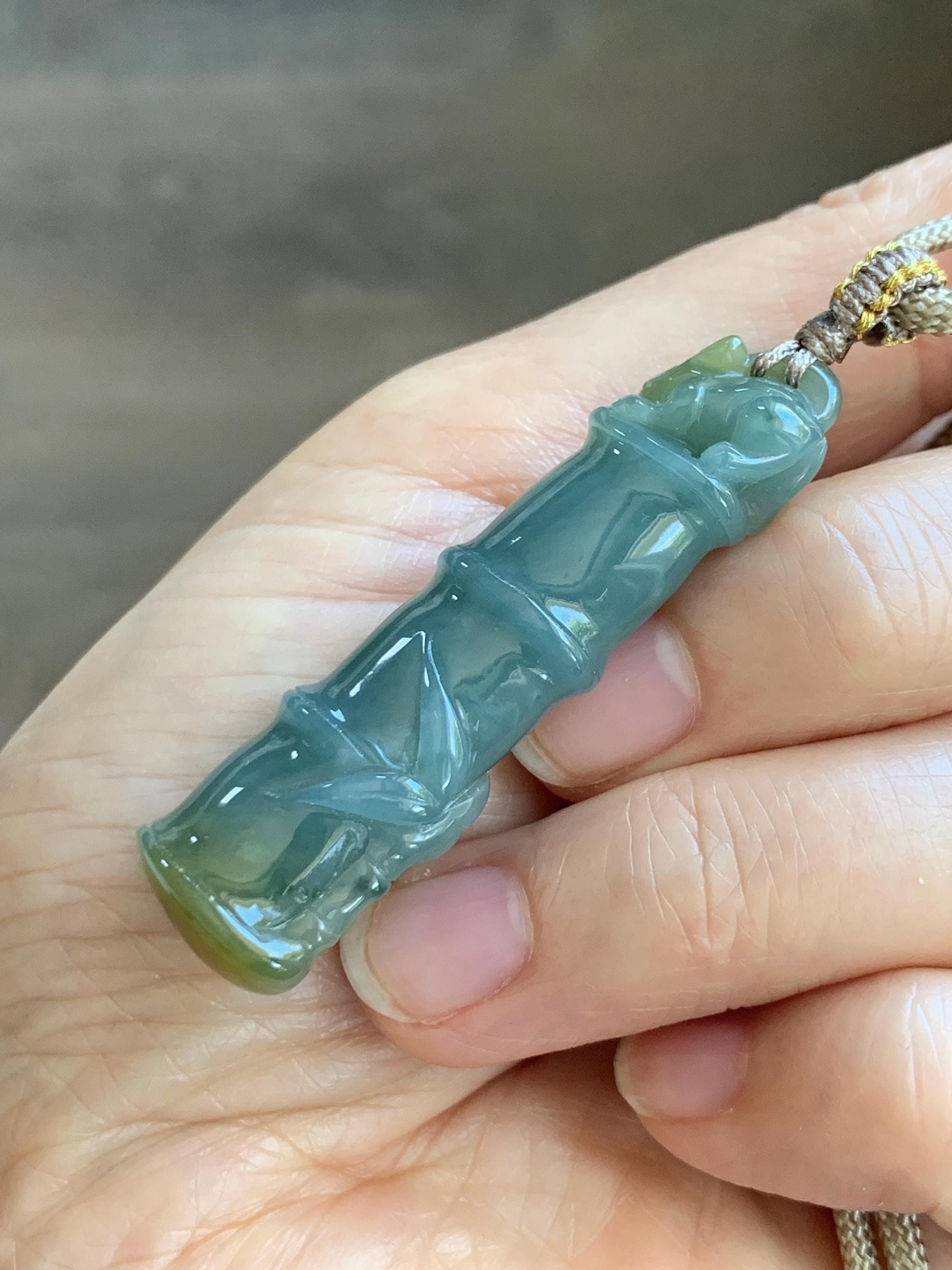 Natural Grade A Guatemalan Icy Translucent Dusty Blue Yellow Bicolored Jade Jadeite Bamboo Mouse Pendant Rope Necklace 天然冰危黄蓝翡翠竹节老鼠吊坠 WZS110