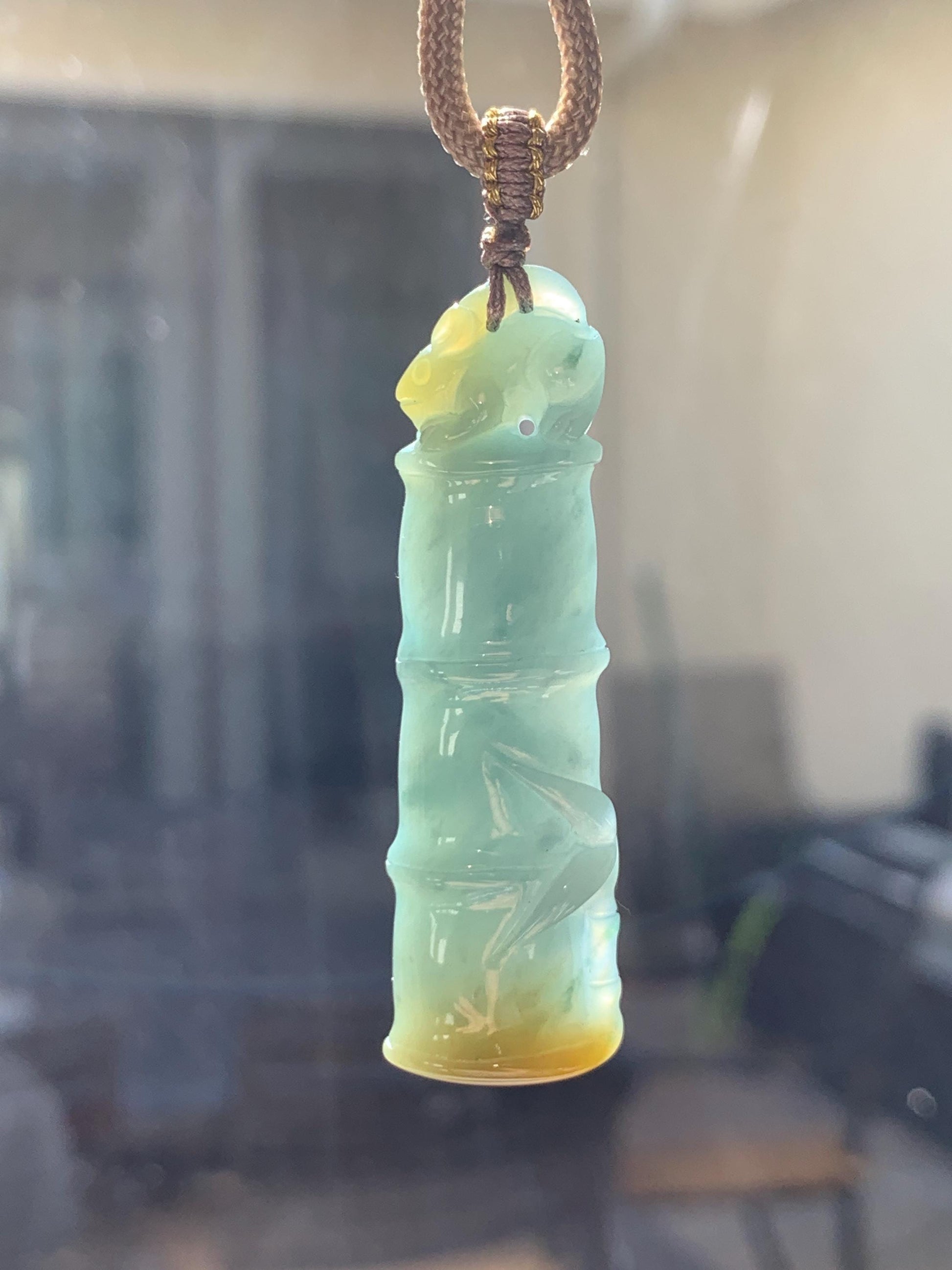 Natural Grade A Guatemalan Icy Translucent Dusty Blue Yellow Bicolored Jade Jadeite Bamboo Mouse Pendant Rope Necklace 天然冰危黄蓝翡翠竹节老鼠吊坠 WZS110