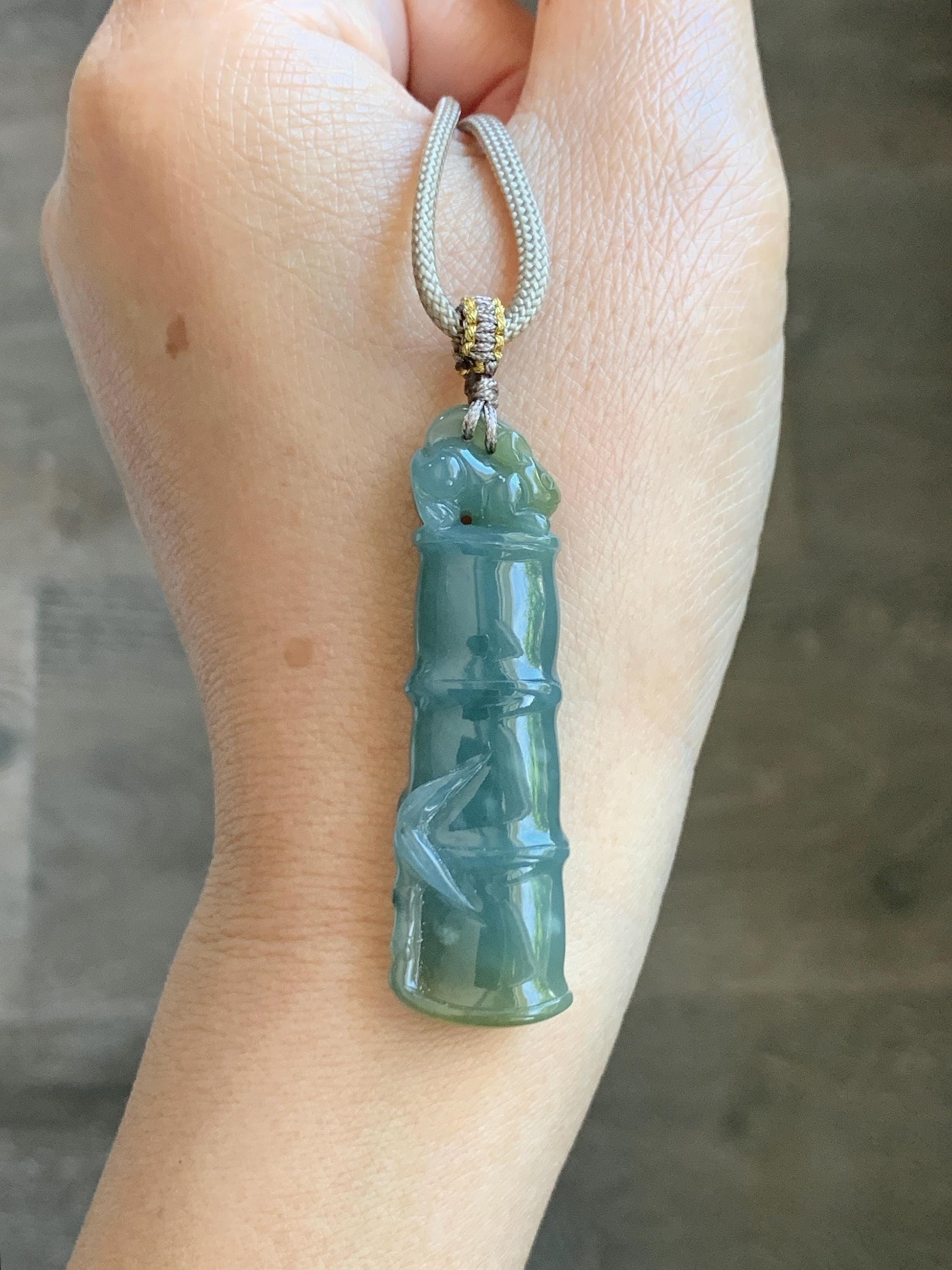 Natural Grade A Guatemalan Icy Translucent Dusty Blue Yellow Bicolored Jade Jadeite Bamboo Mouse Pendant Rope Necklace 天然冰危黄蓝翡翠竹节老鼠吊坠 WZS110