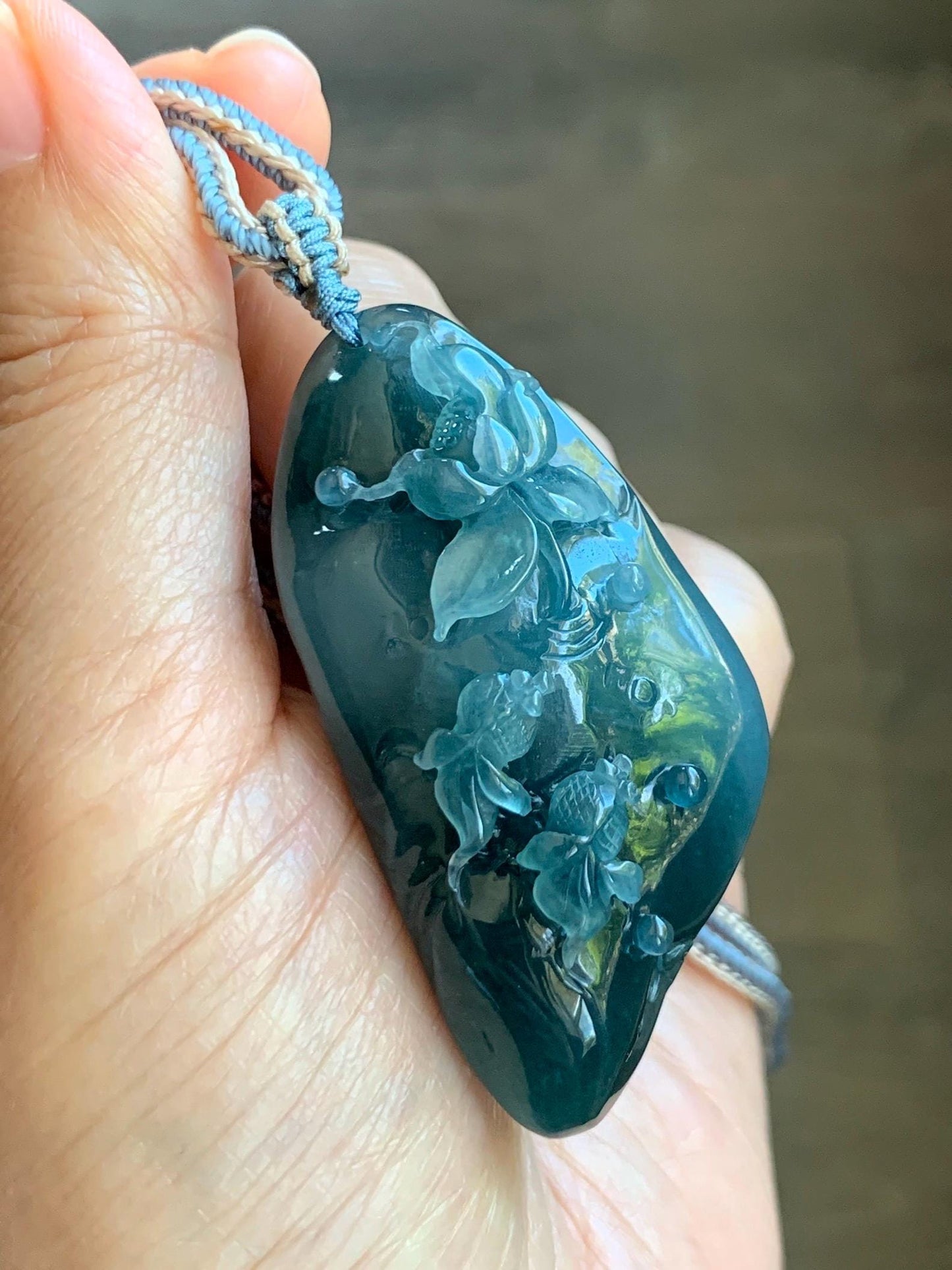 Certified Natural Grade A Guatemalan Icy Translucent Aegean Blue Jade Jadeite Lotus Flower Goldfish Pendant Rope Necklace 天然冰危牛仔蓝翡翠莲花鱼吊坠 448