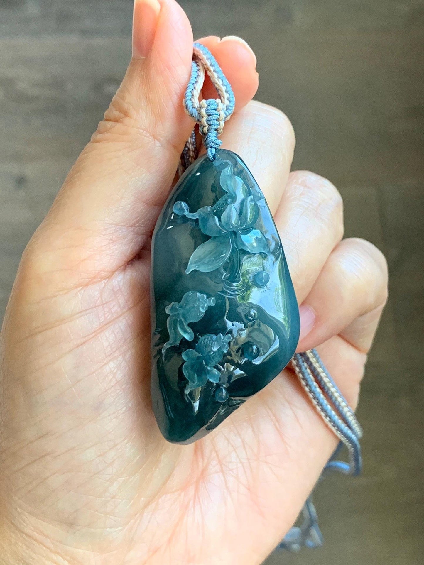 Certified Natural Grade A Guatemalan Icy Translucent Aegean Blue Jade Jadeite Lotus Flower Goldfish Pendant Rope Necklace 天然冰危牛仔蓝翡翠莲花鱼吊坠 448