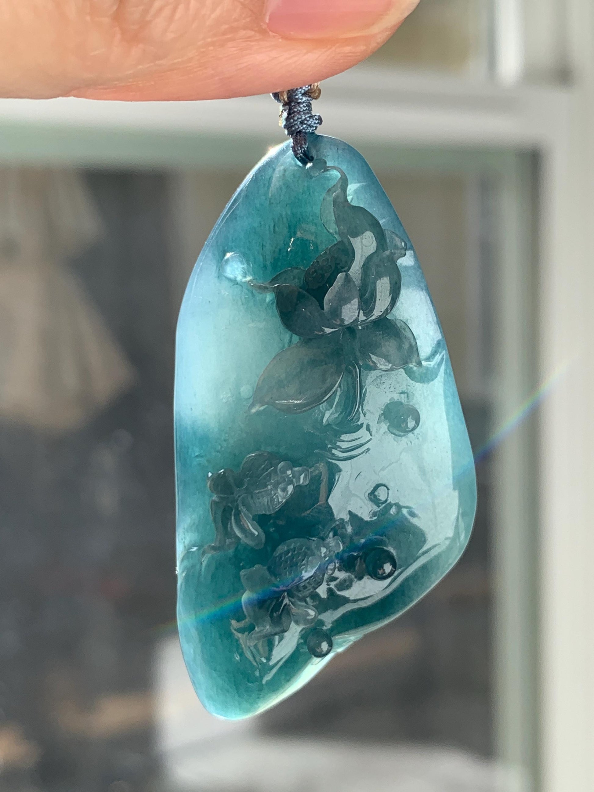 Certified Natural Grade A Guatemalan Icy Translucent Aegean Blue Jade Jadeite Lotus Flower Goldfish Pendant Rope Necklace 天然冰危牛仔蓝翡翠莲花鱼吊坠 448