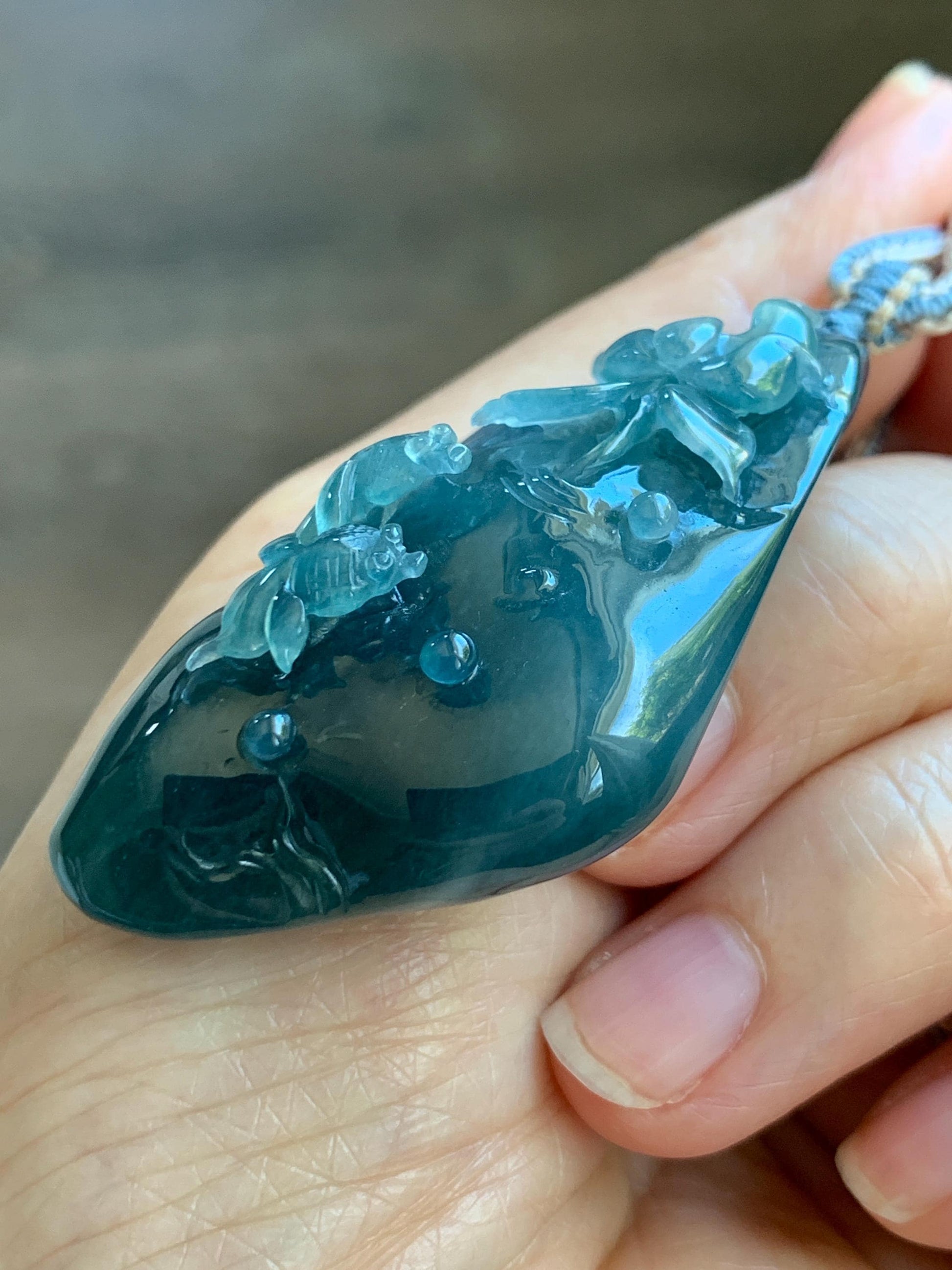Certified Natural Grade A Guatemalan Icy Translucent Aegean Blue Jade Jadeite Lotus Flower Goldfish Pendant Rope Necklace 天然冰危牛仔蓝翡翠莲花鱼吊坠 448