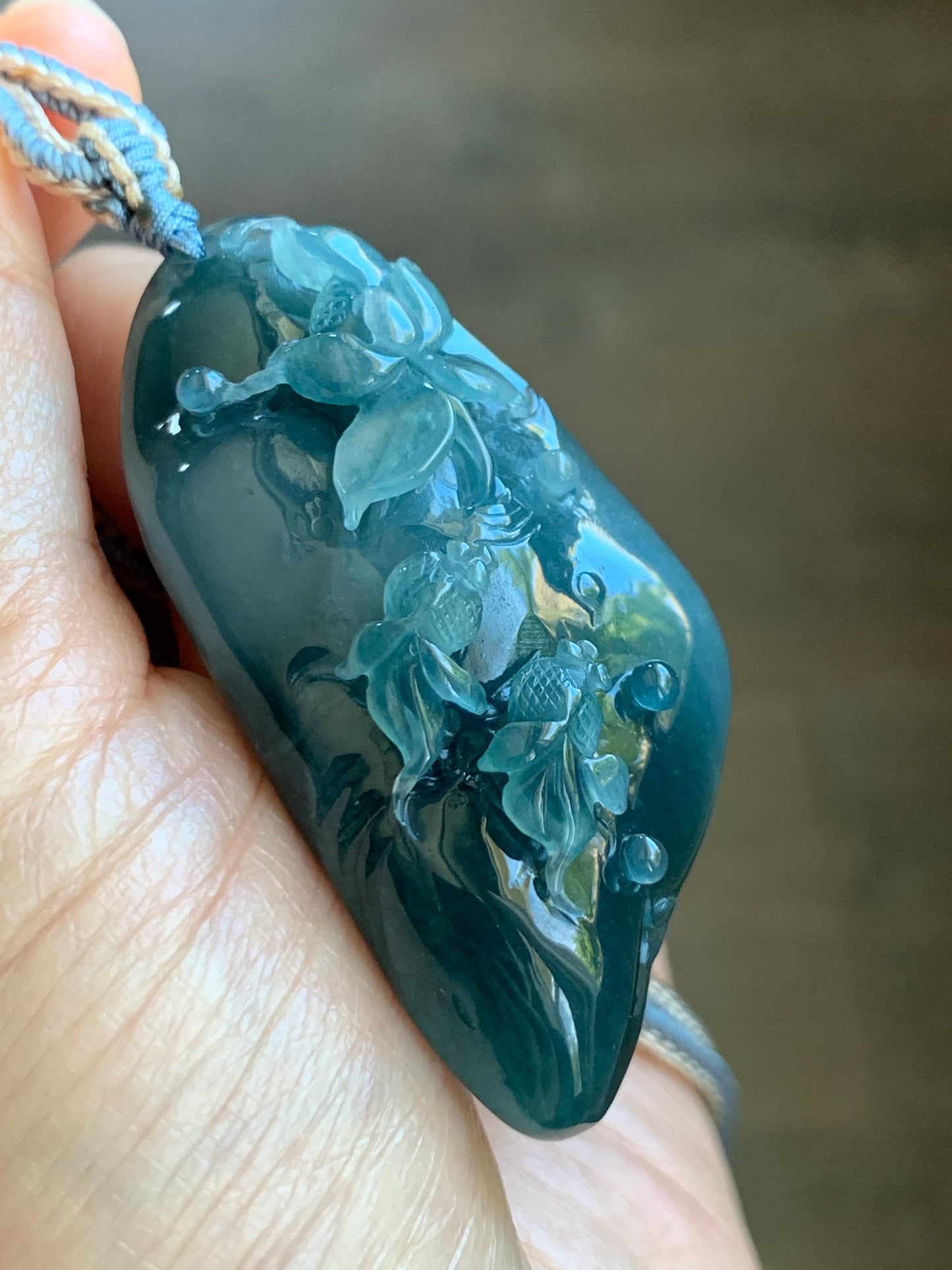 Certified Natural Grade A Guatemalan Icy Translucent Aegean Blue Jade Jadeite Lotus Flower Goldfish Pendant Rope Necklace 天然冰危牛仔蓝翡翠莲花鱼吊坠 448