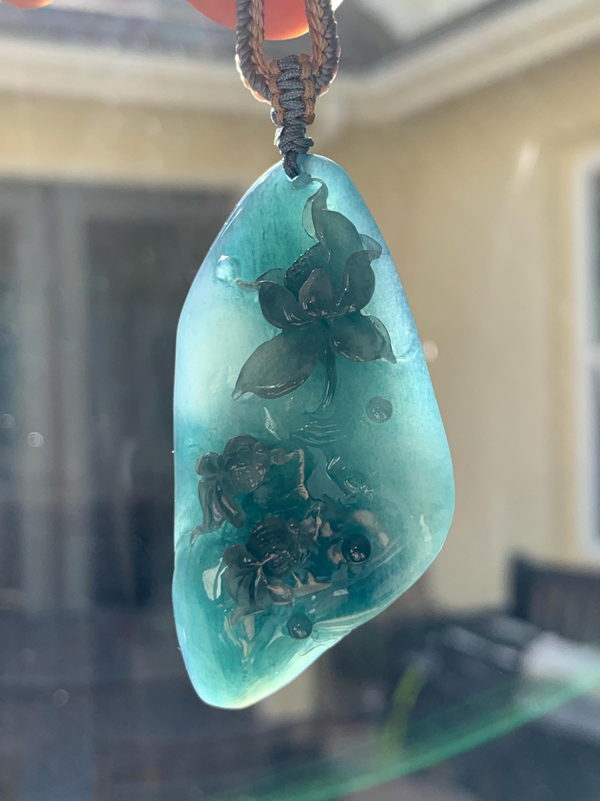 Certified Natural Grade A Guatemalan Icy Translucent Aegean Blue Jade Jadeite Lotus Flower Goldfish Pendant Rope Necklace 天然冰危牛仔蓝翡翠莲花鱼吊坠 448