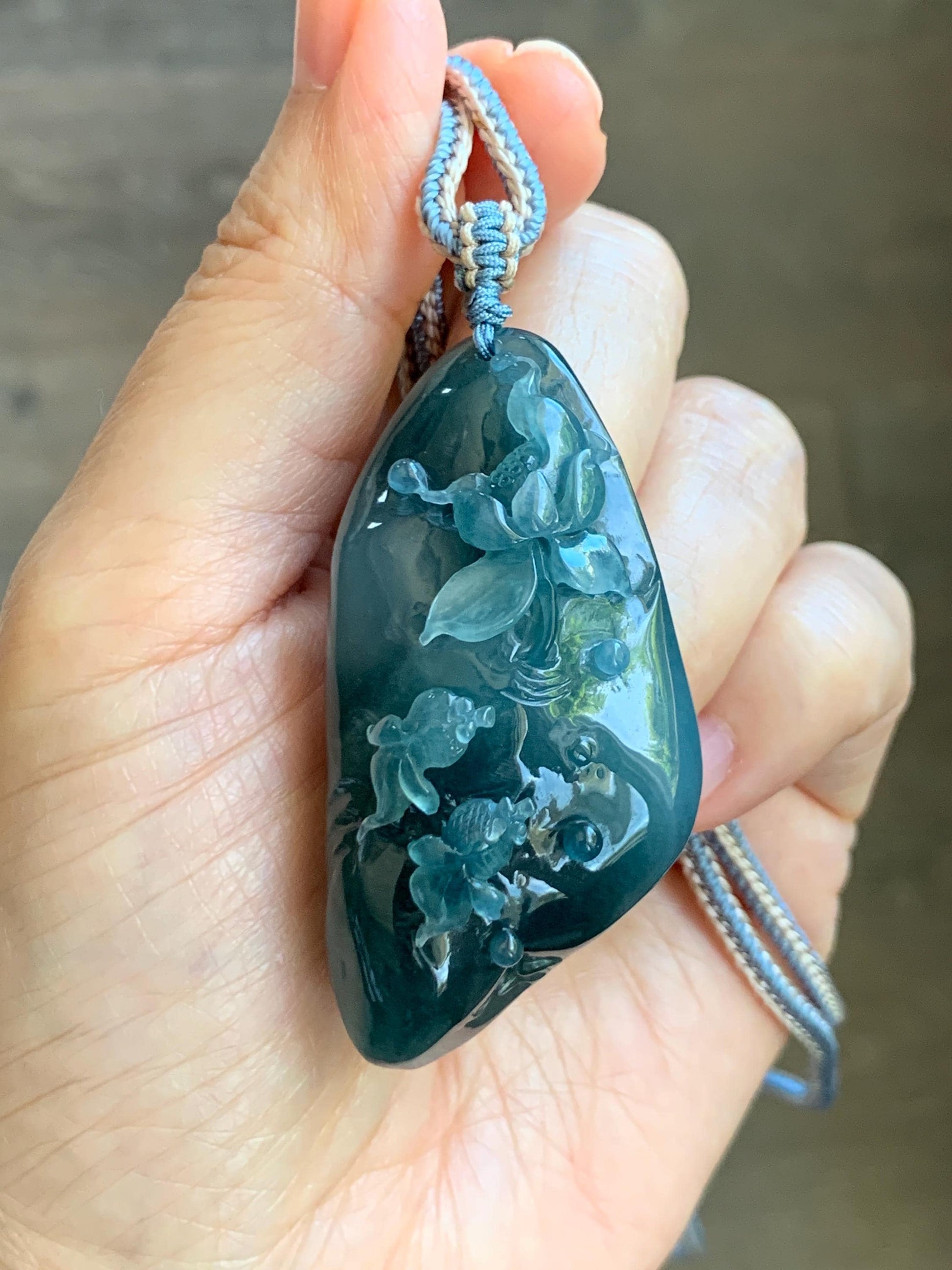 Certified Natural Grade A Guatemalan Icy Translucent Aegean Blue Jade Jadeite Lotus Flower Goldfish Pendant Rope Necklace 天然冰危牛仔蓝翡翠莲花鱼吊坠 448