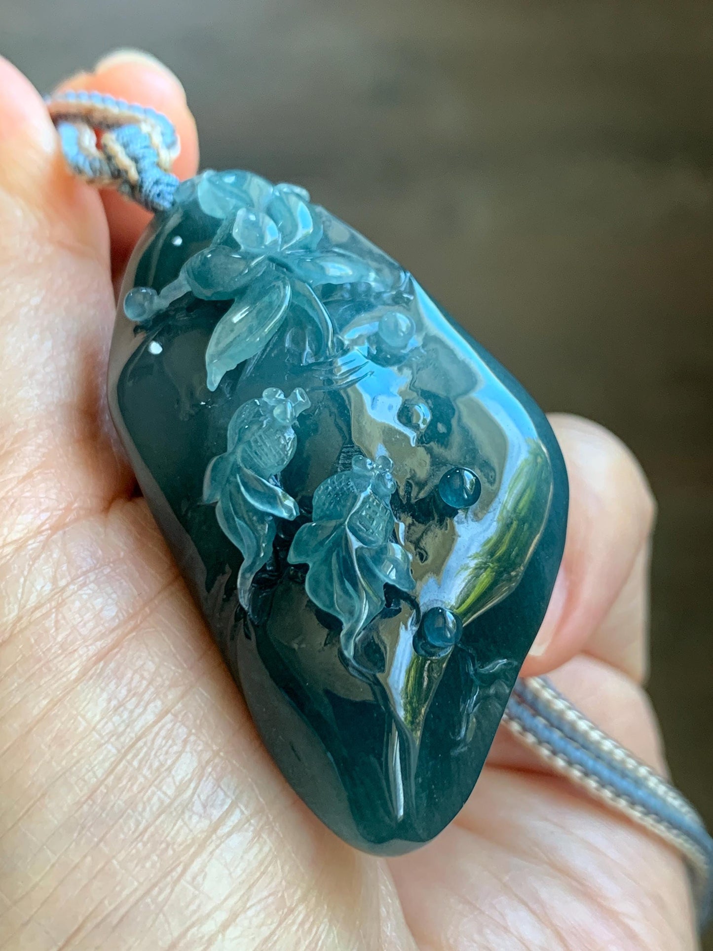 Certified Natural Grade A Guatemalan Icy Translucent Aegean Blue Jade Jadeite Lotus Flower Goldfish Pendant Rope Necklace 天然冰危牛仔蓝翡翠莲花鱼吊坠 448