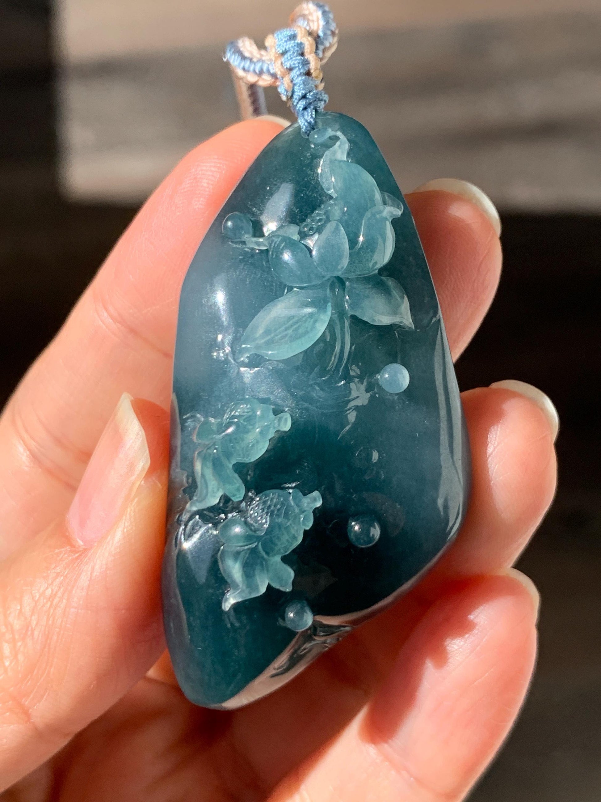 Certified Natural Grade A Guatemalan Icy Translucent Aegean Blue Jade Jadeite Lotus Flower Goldfish Pendant Rope Necklace 天然冰危牛仔蓝翡翠莲花鱼吊坠 448