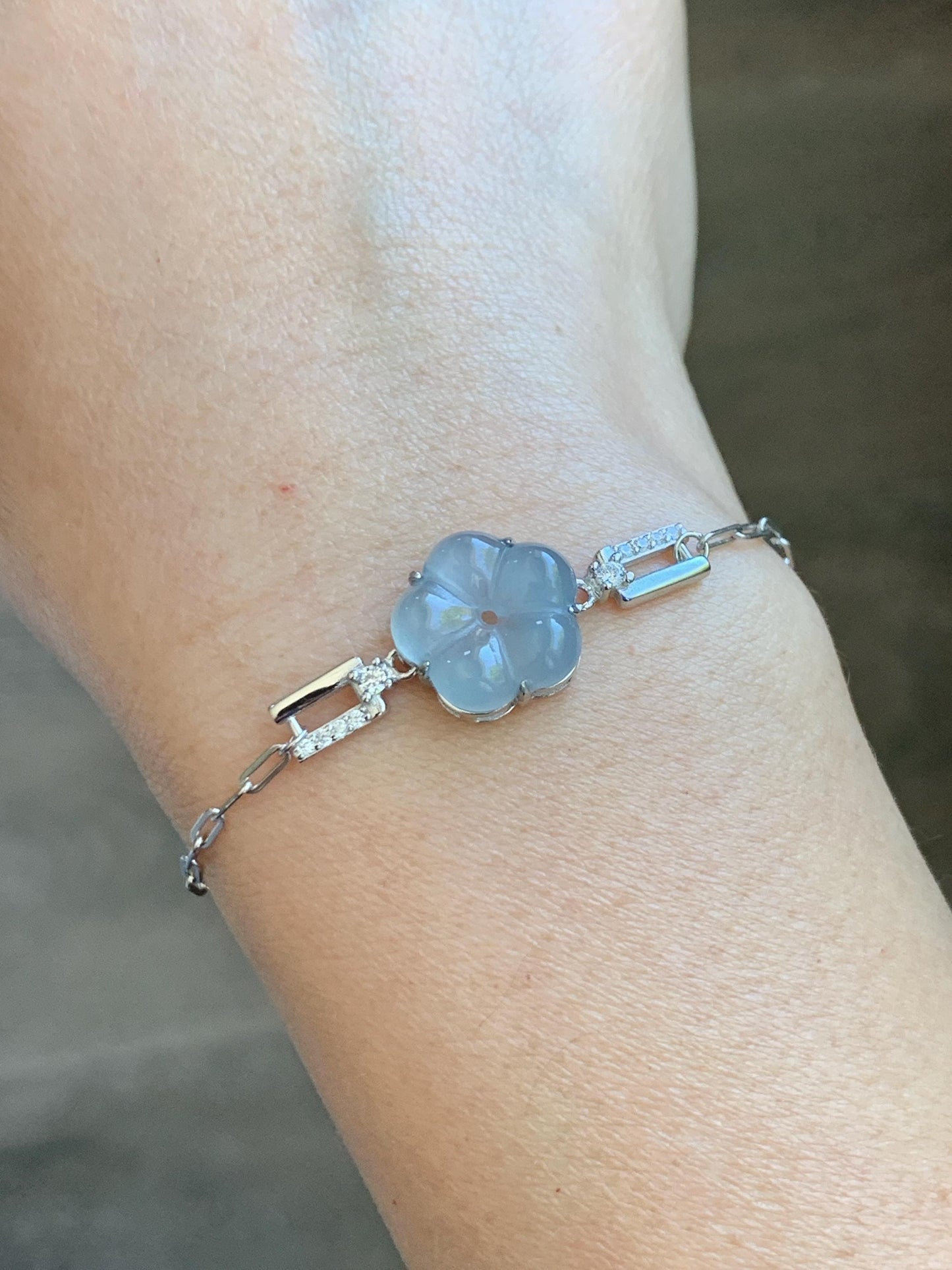Natural Grade A Guatemalan Icy Translucent Pastel Blue Jade Jadeite Cherry Blossom Bracelet Sterling Silver 6.25”-7.5” 天然冰危淡蓝翡翠梅花银手链 WMS360B