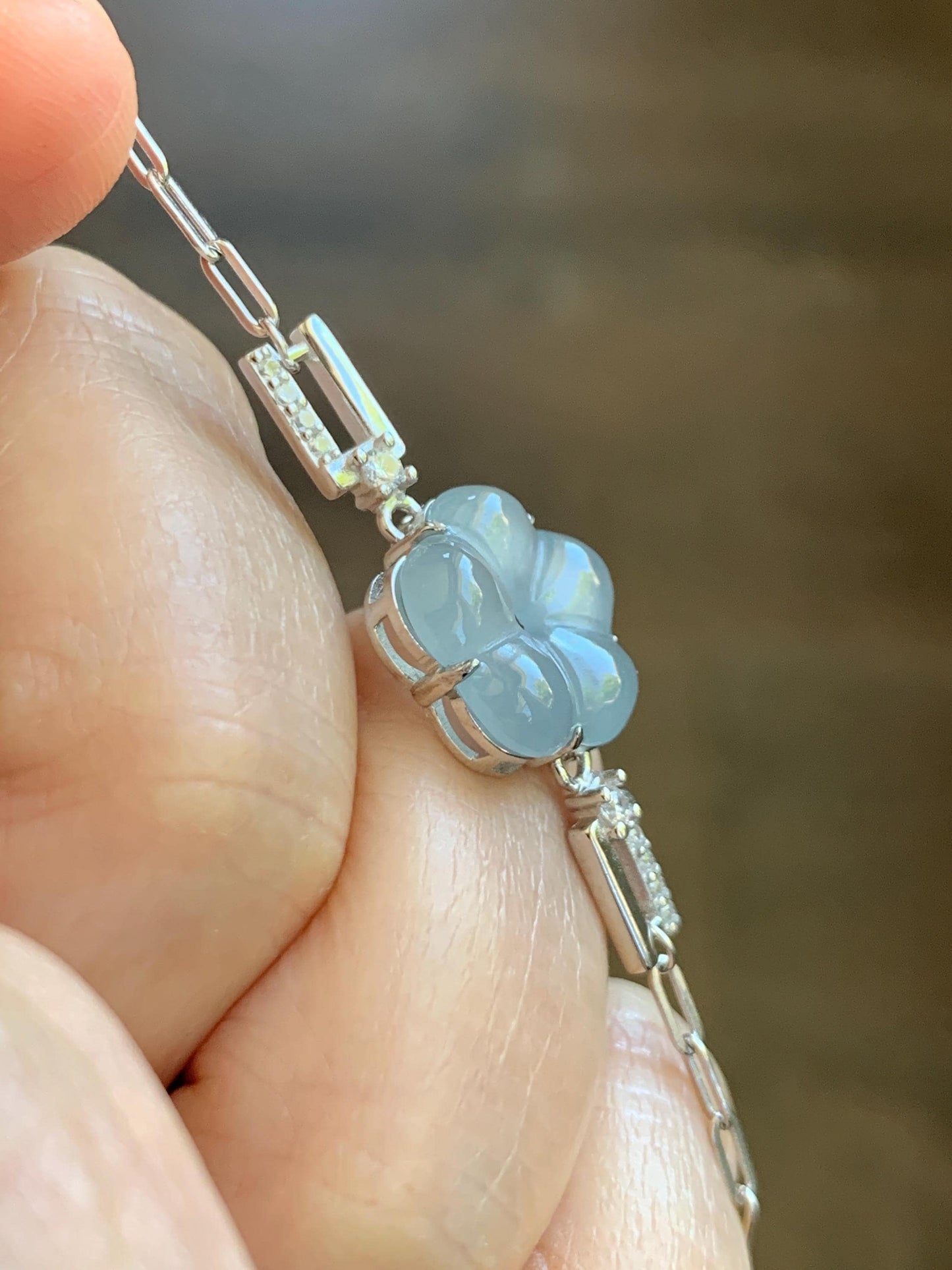 Natural Grade A Guatemalan Icy Translucent Pastel Blue Jade Jadeite Cherry Blossom Bracelet Sterling Silver 6.25”-7.5” 天然冰危淡蓝翡翠梅花银手链 WMS360B