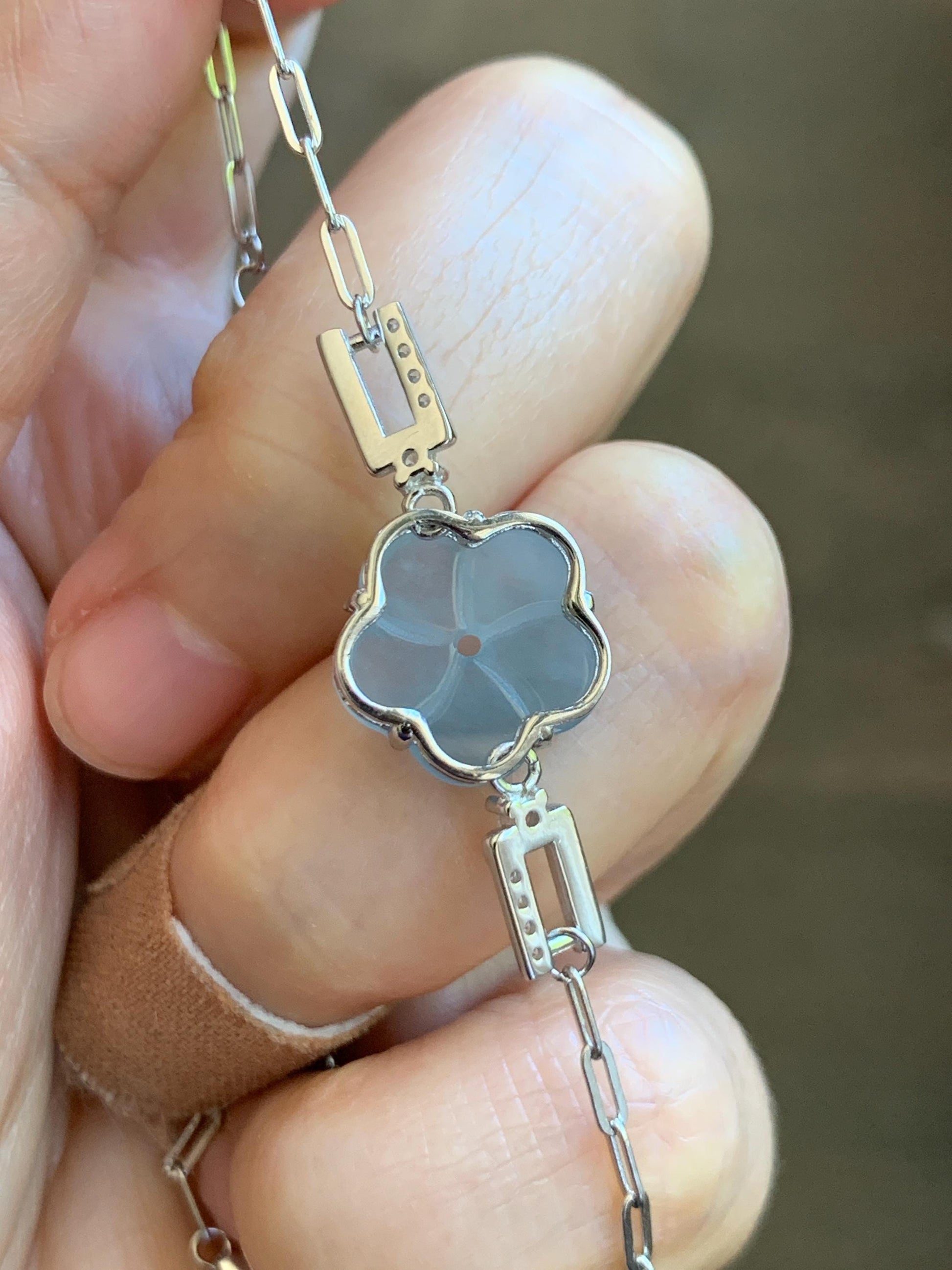 Natural Grade A Guatemalan Icy Translucent Pastel Blue Jade Jadeite Cherry Blossom Bracelet Sterling Silver 6.25”-7.5” 天然冰危淡蓝翡翠梅花银手链 WMS360B