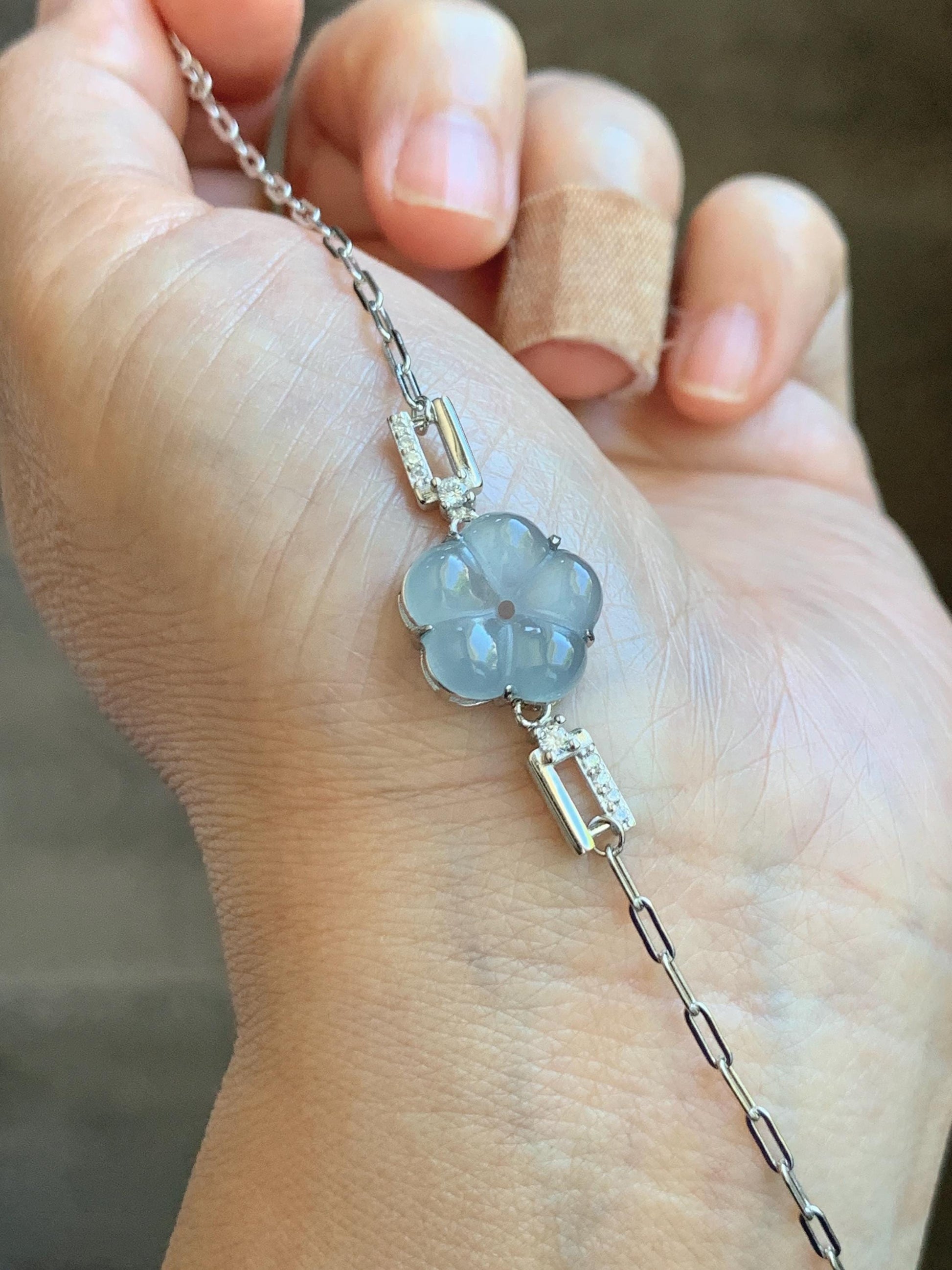 Natural Grade A Guatemalan Icy Translucent Pastel Blue Jade Jadeite Cherry Blossom Bracelet Sterling Silver 6.25”-7.5” 天然冰危淡蓝翡翠梅花银手链 WMS360B