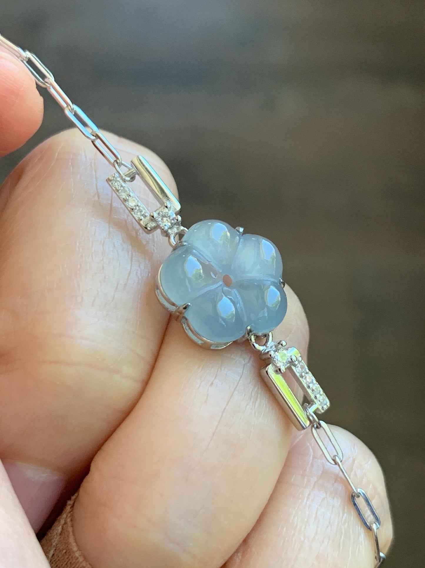 Natural Grade A Guatemalan Icy Translucent Pastel Blue Jade Jadeite Cherry Blossom Bracelet Sterling Silver 6.25”-7.5” 天然冰危淡蓝翡翠梅花银手链 WMS360B