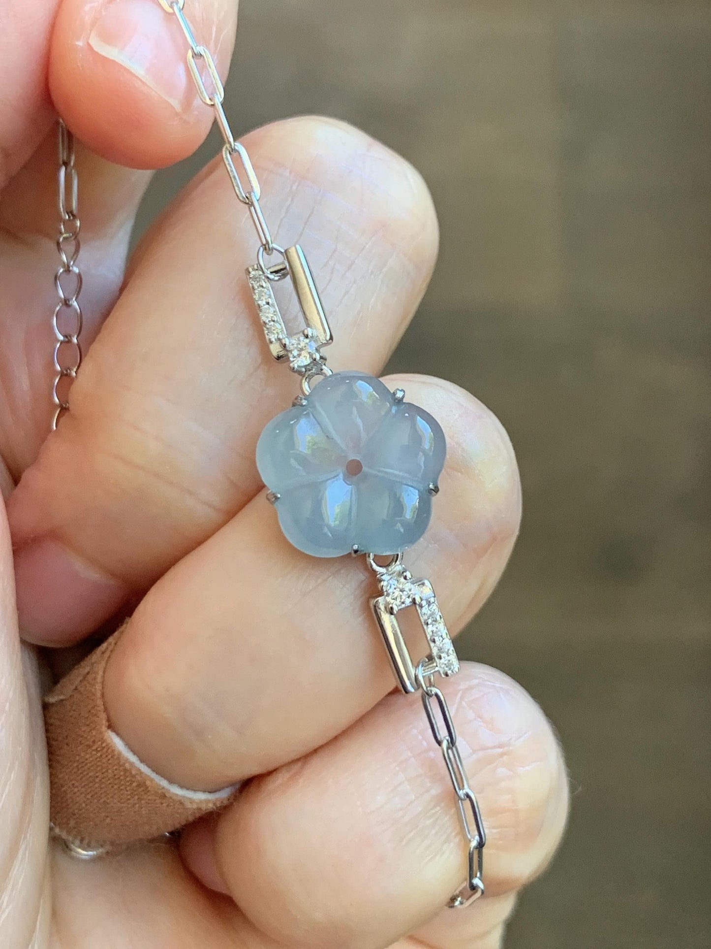 Natural Grade A Guatemalan Icy Translucent Pastel Blue Jade Jadeite Cherry Blossom Bracelet Sterling Silver 6.25”-7.5” 天然冰危淡蓝翡翠梅花银手链 WMS360B