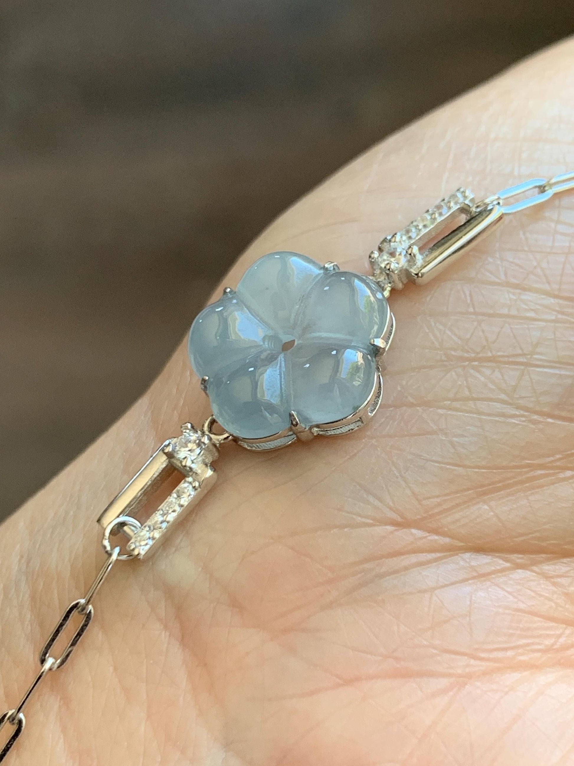 Natural Grade A Guatemalan Icy Translucent Pastel Blue Jade Jadeite Cherry Blossom Bracelet Sterling Silver 6.25”-7.5” 天然冰危淡蓝翡翠梅花银手链 WMS360B