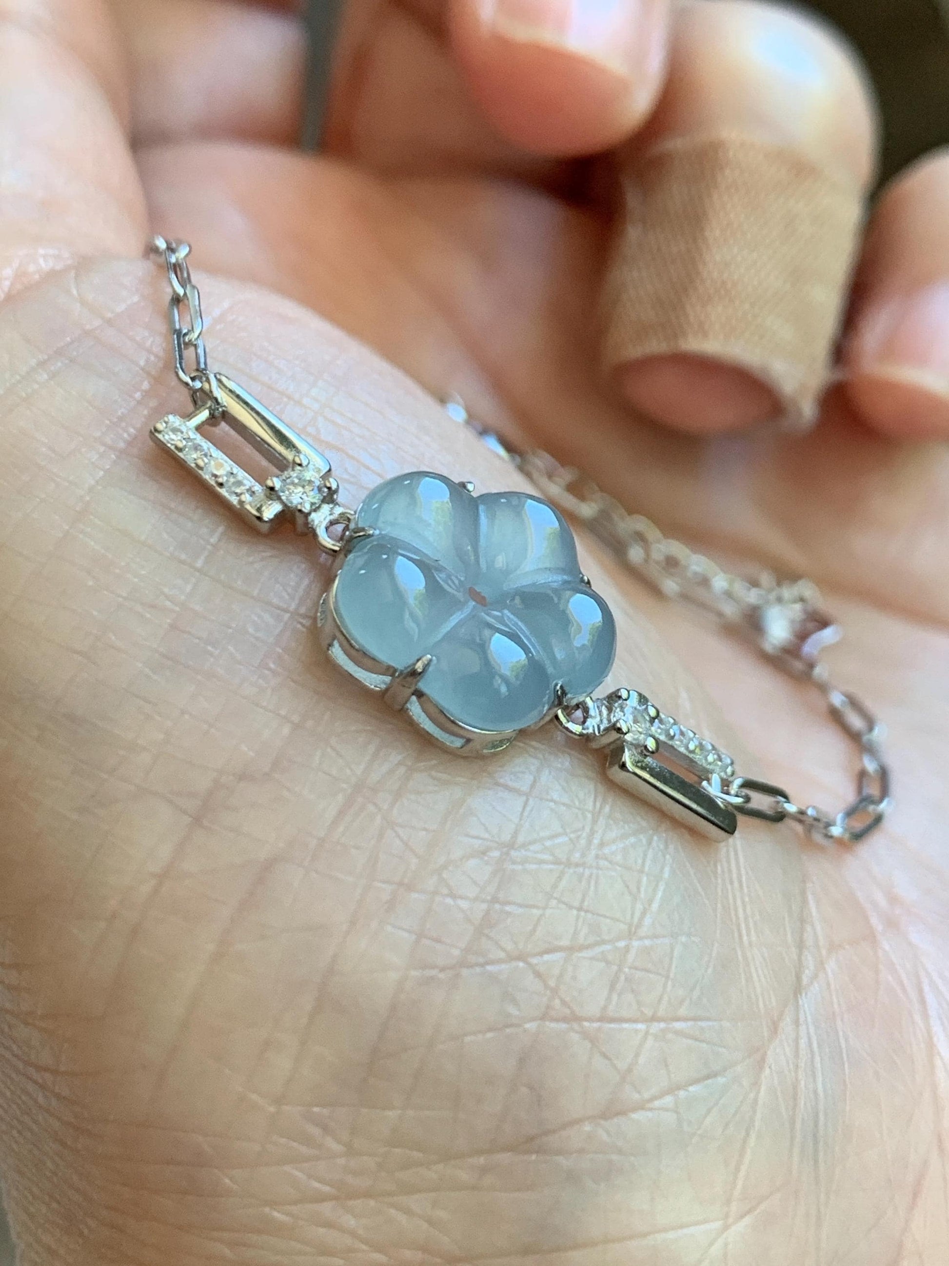 Natural Grade A Guatemalan Icy Translucent Pastel Blue Jade Jadeite Cherry Blossom Bracelet Sterling Silver 6.25”-7.5” 天然冰危淡蓝翡翠梅花银手链 WMS360B