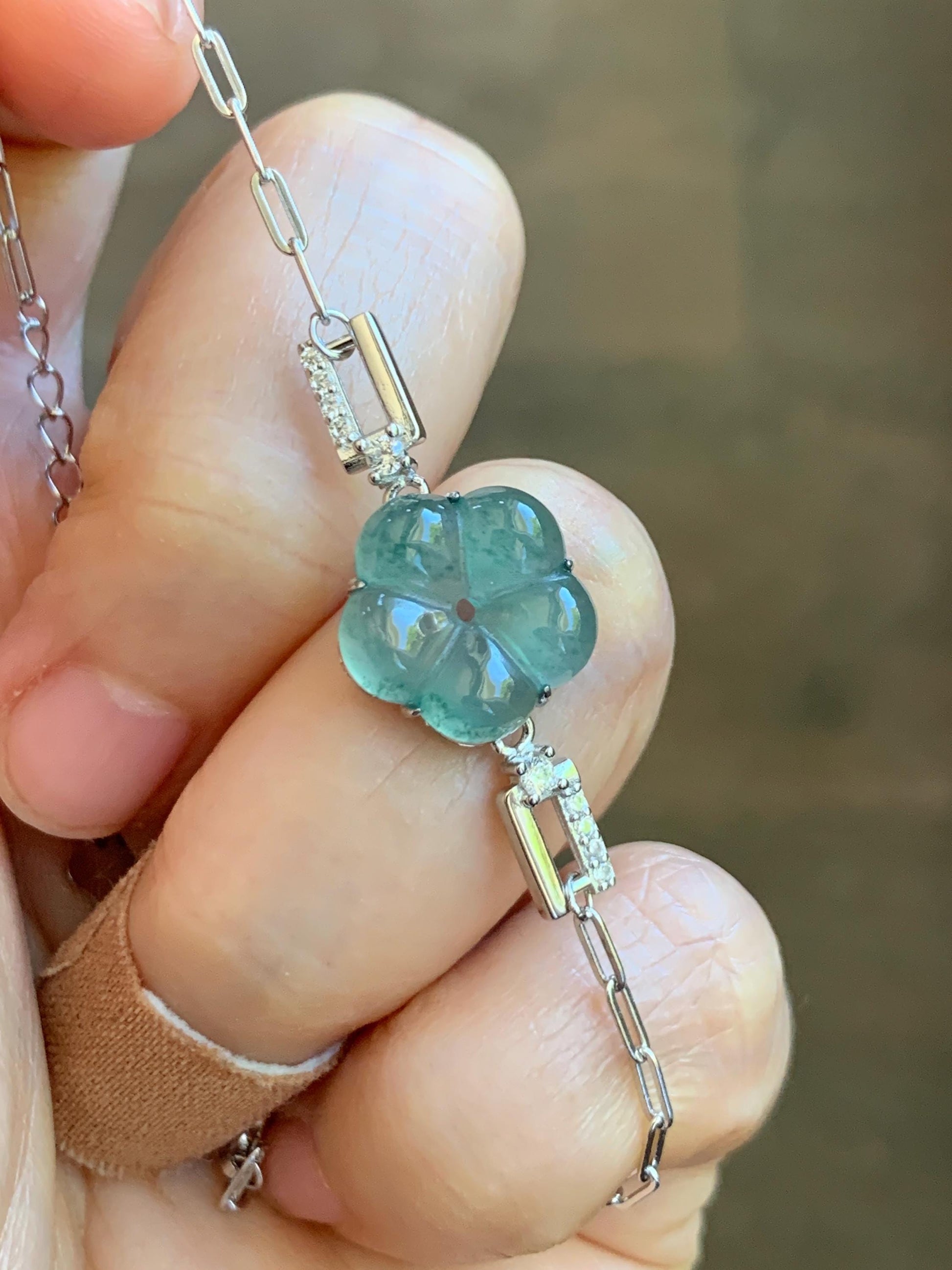 Natural Grade A Guatemalan Icy Translucent Teal Green Jade Jadeite Cherry Blossom Bracelet Sterling Silver 6.25”-7.5” 天然冰危蓝绿翡翠梅花银手链 WMS360A