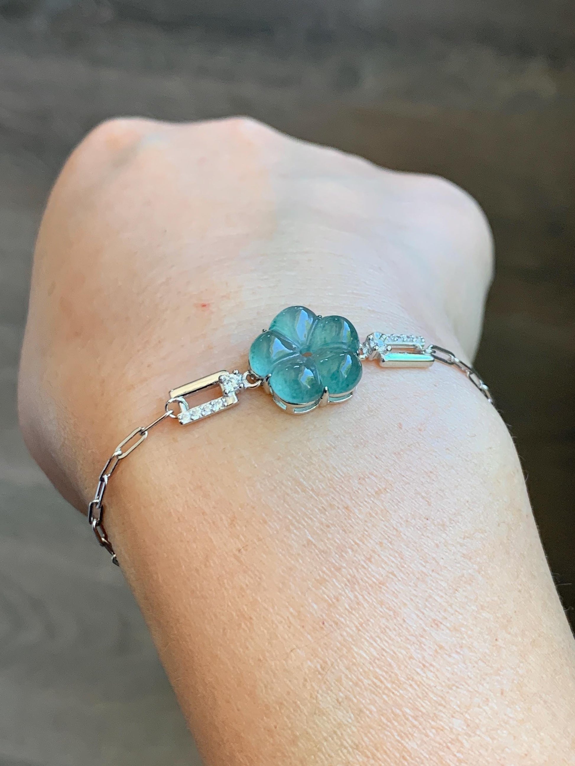 Natural Grade A Guatemalan Icy Translucent Teal Green Jade Jadeite Cherry Blossom Bracelet Sterling Silver 6.25”-7.5” 天然冰危蓝绿翡翠梅花银手链 WMS360A