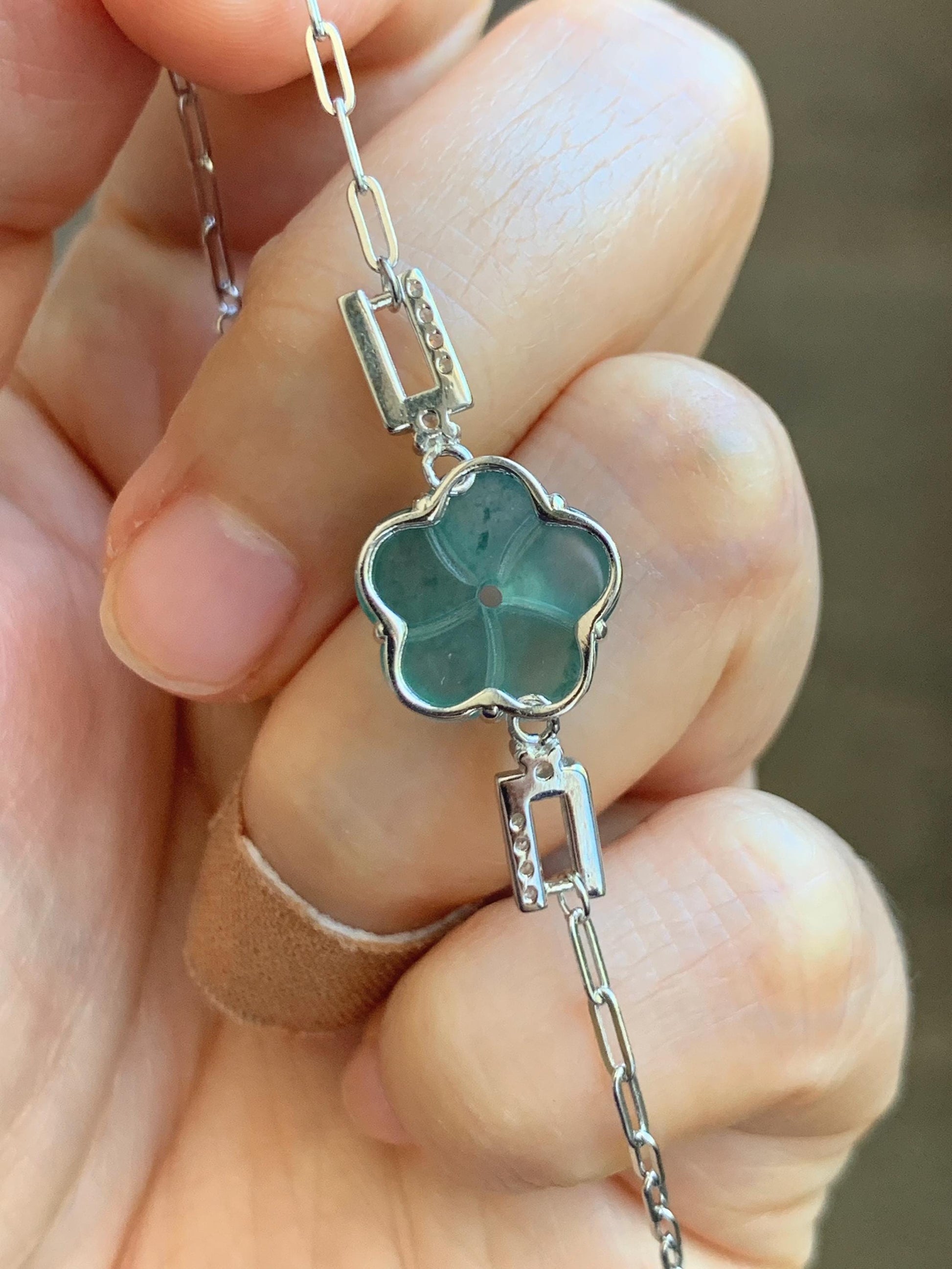 Natural Grade A Guatemalan Icy Translucent Teal Green Jade Jadeite Cherry Blossom Bracelet Sterling Silver 6.25”-7.5” 天然冰危蓝绿翡翠梅花银手链 WMS360A