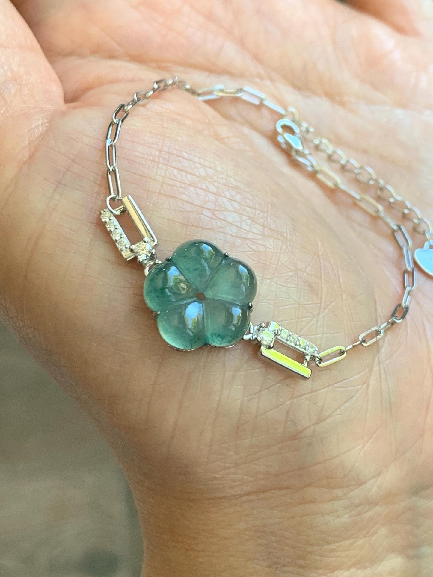 Natural Grade A Guatemalan Icy Translucent Teal Green Jade Jadeite Cherry Blossom Bracelet Sterling Silver 6.25”-7.5” 天然冰危蓝绿翡翠梅花银手链 WMS360A