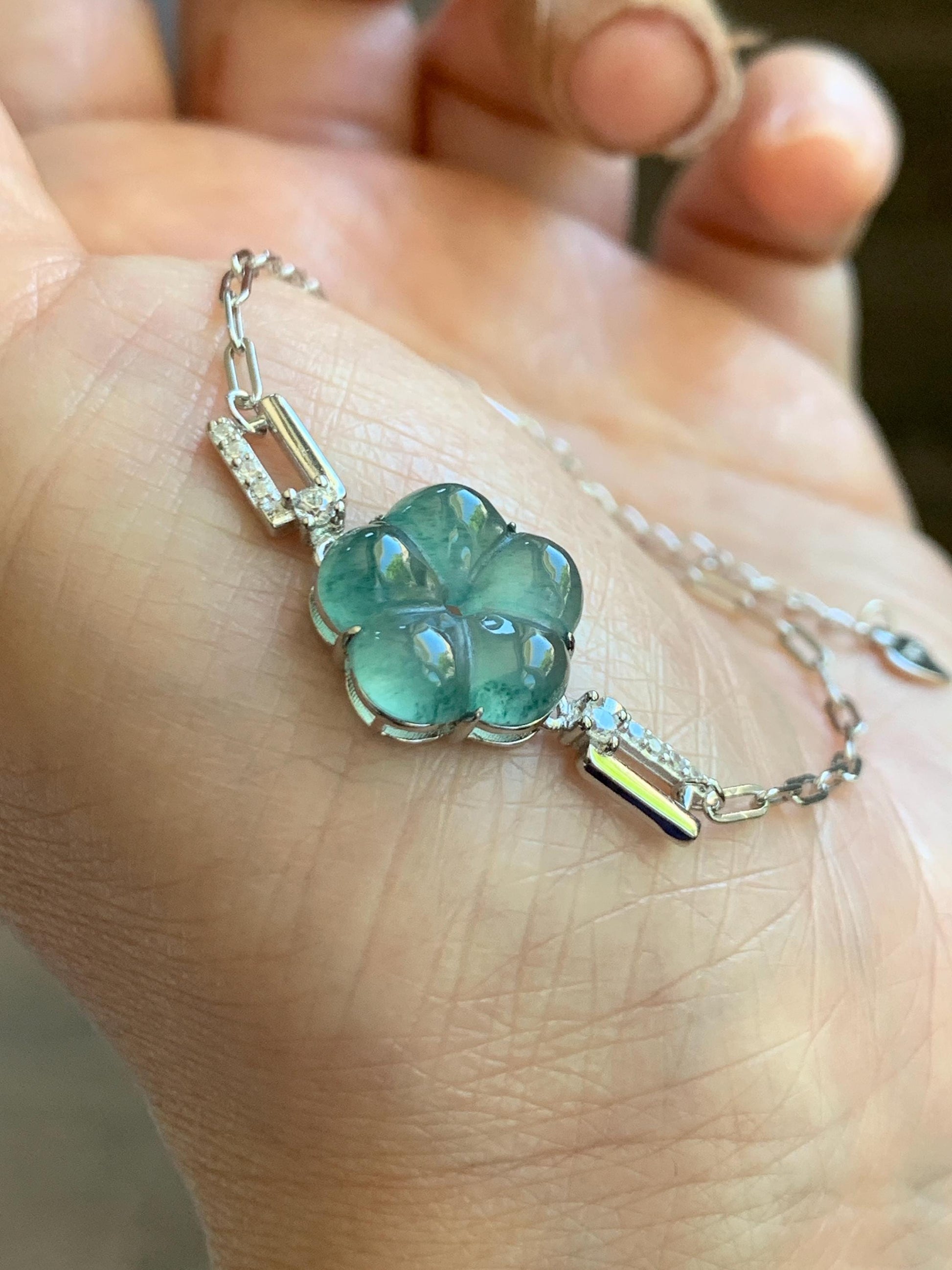 Natural Grade A Guatemalan Icy Translucent Teal Green Jade Jadeite Cherry Blossom Bracelet Sterling Silver 6.25”-7.5” 天然冰危蓝绿翡翠梅花银手链 WMS360A