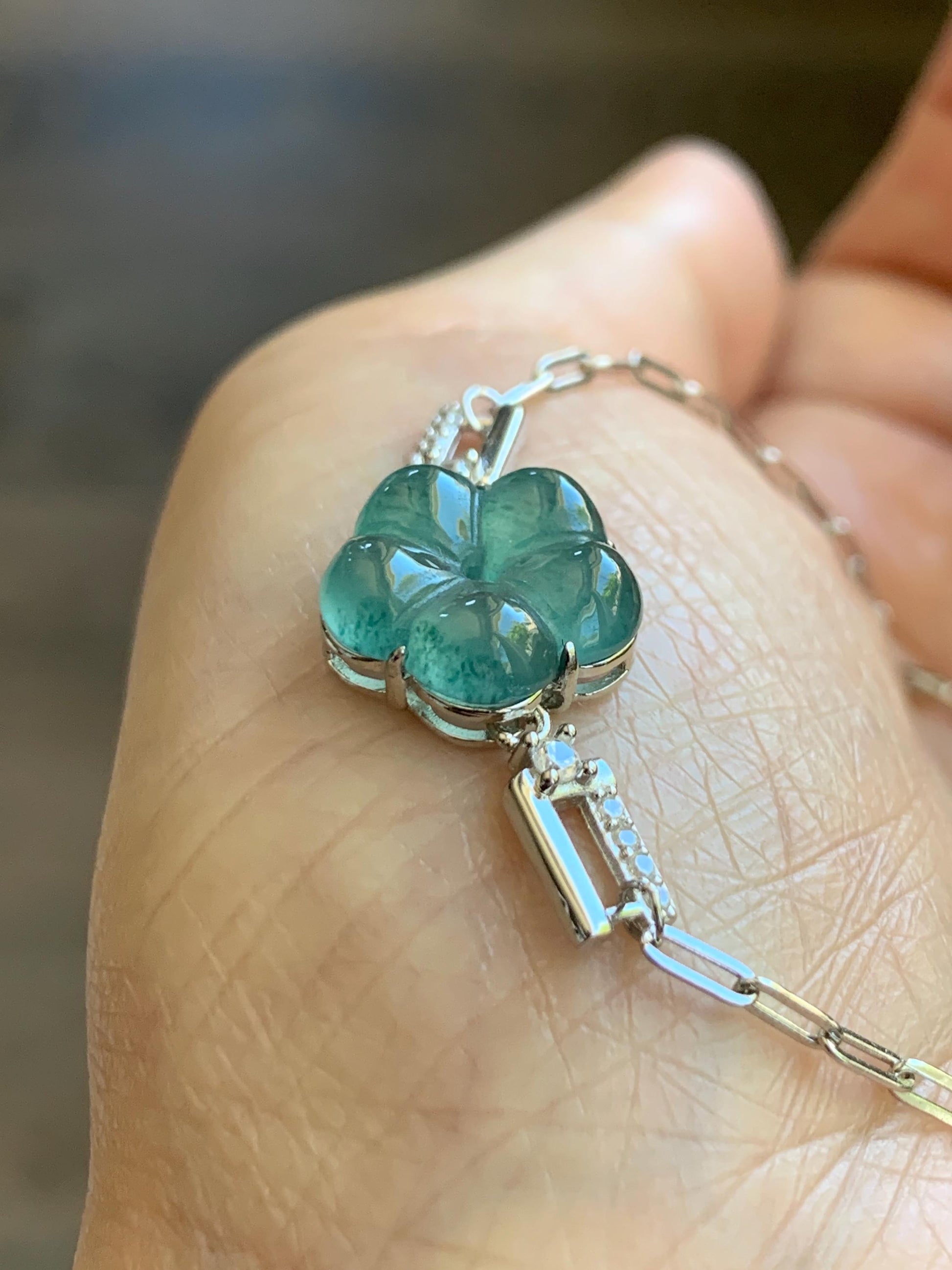 Natural Grade A Guatemalan Icy Translucent Teal Green Jade Jadeite Cherry Blossom Bracelet Sterling Silver 6.25”-7.5” 天然冰危蓝绿翡翠梅花银手链 WMS360A