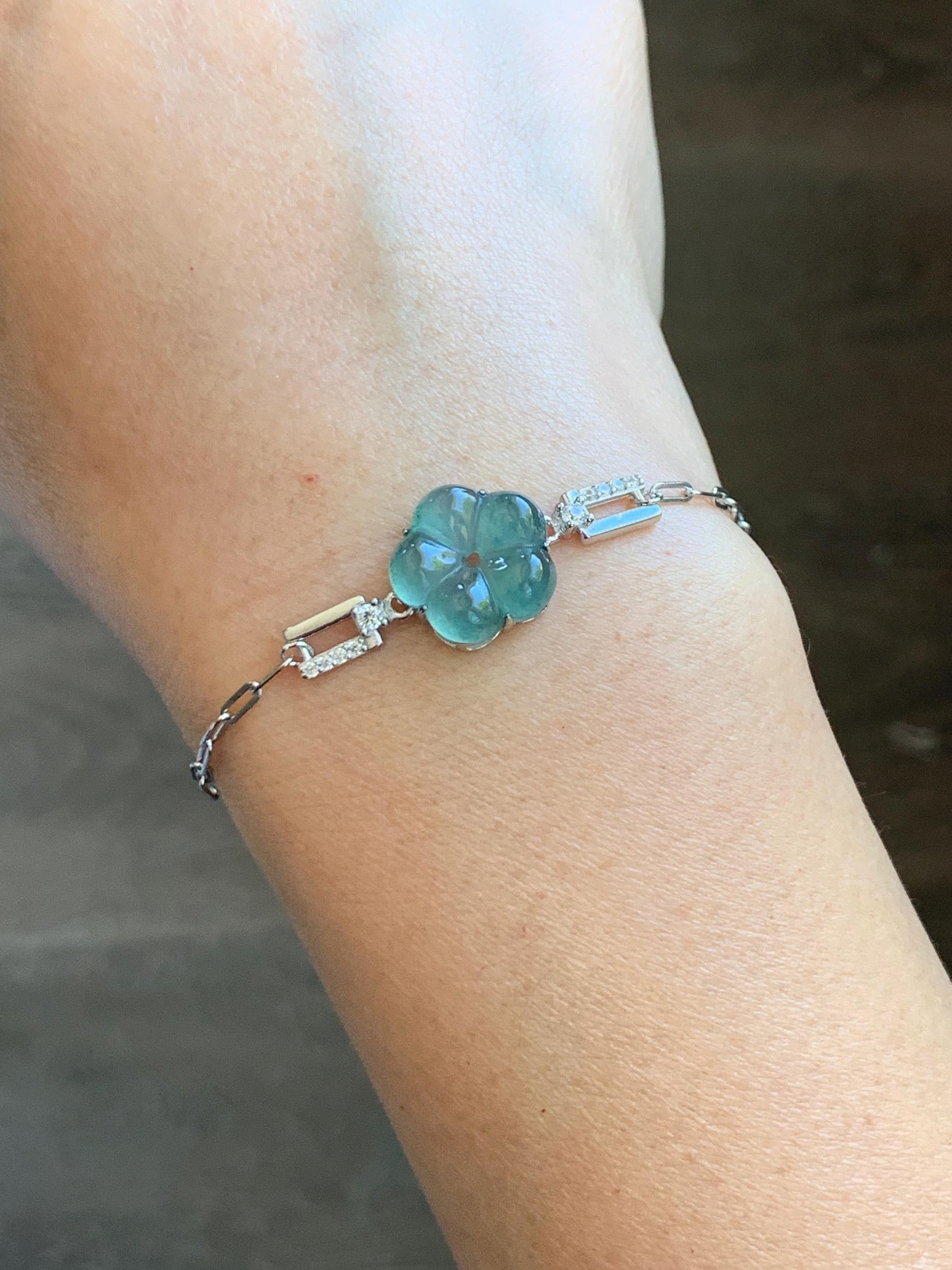 Natural Grade A Guatemalan Icy Translucent Teal Green Jade Jadeite Cherry Blossom Bracelet Sterling Silver 6.25”-7.5” 天然冰危蓝绿翡翠梅花银手链 WMS360A