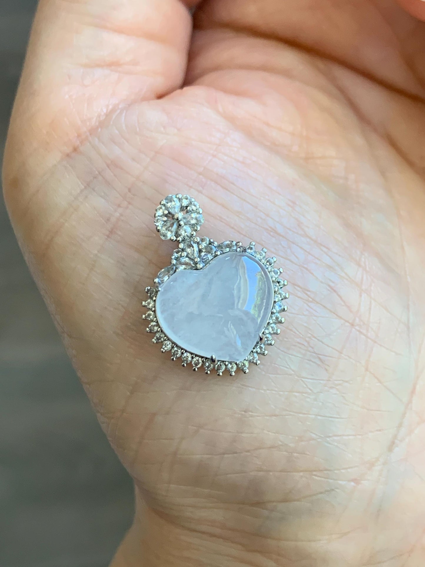 Natural Grade A Icy Highly Translucent White Jade Jadeite Heart Pendant Sterling Silver 3g 天然白冰翡翠爱心蛋面银镶吊坠 GAX150W
