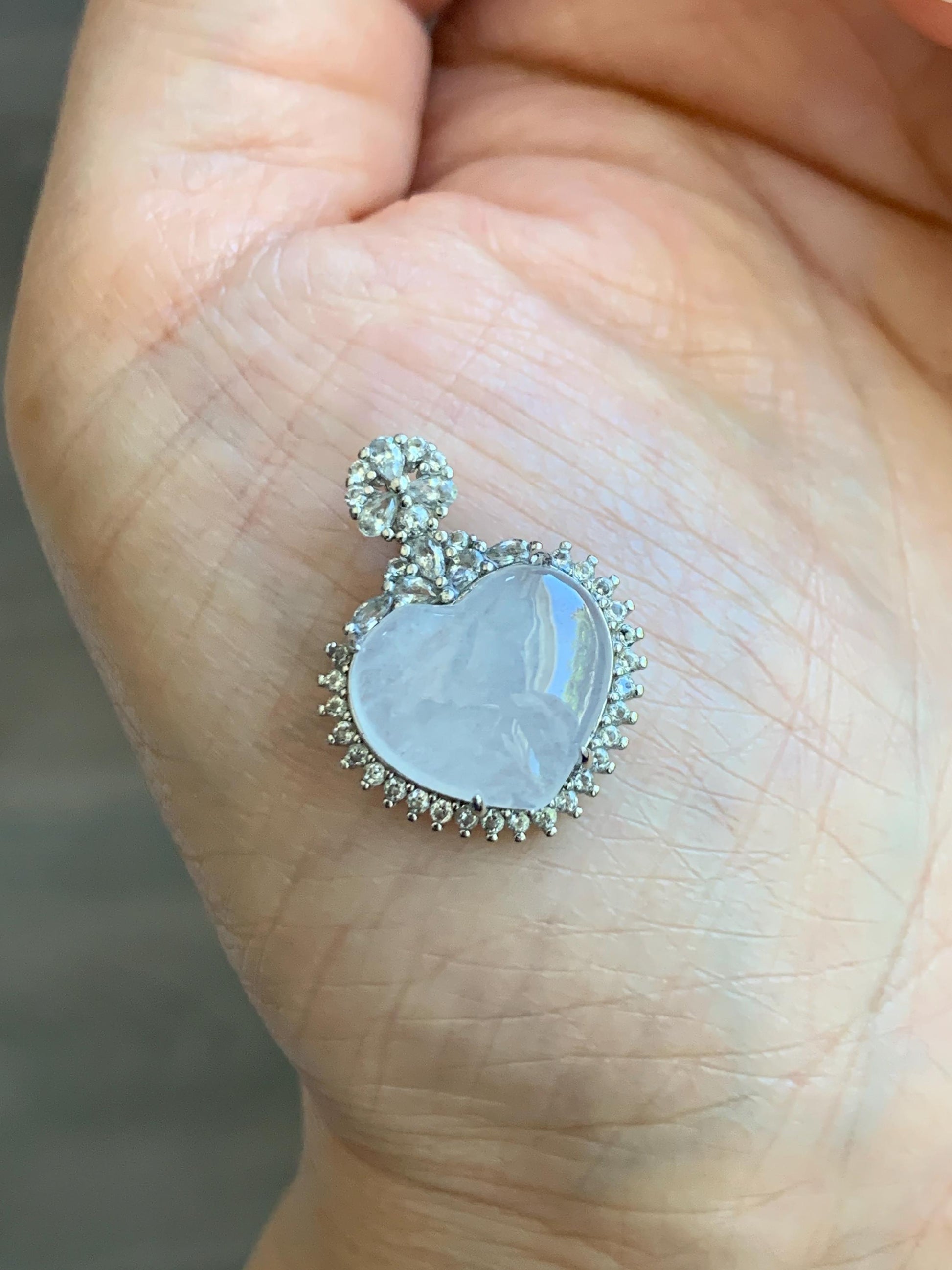 Natural Grade A Icy Highly Translucent White Jade Jadeite Heart Pendant Sterling Silver 3g 天然白冰翡翠爱心蛋面银镶吊坠 GAX150W