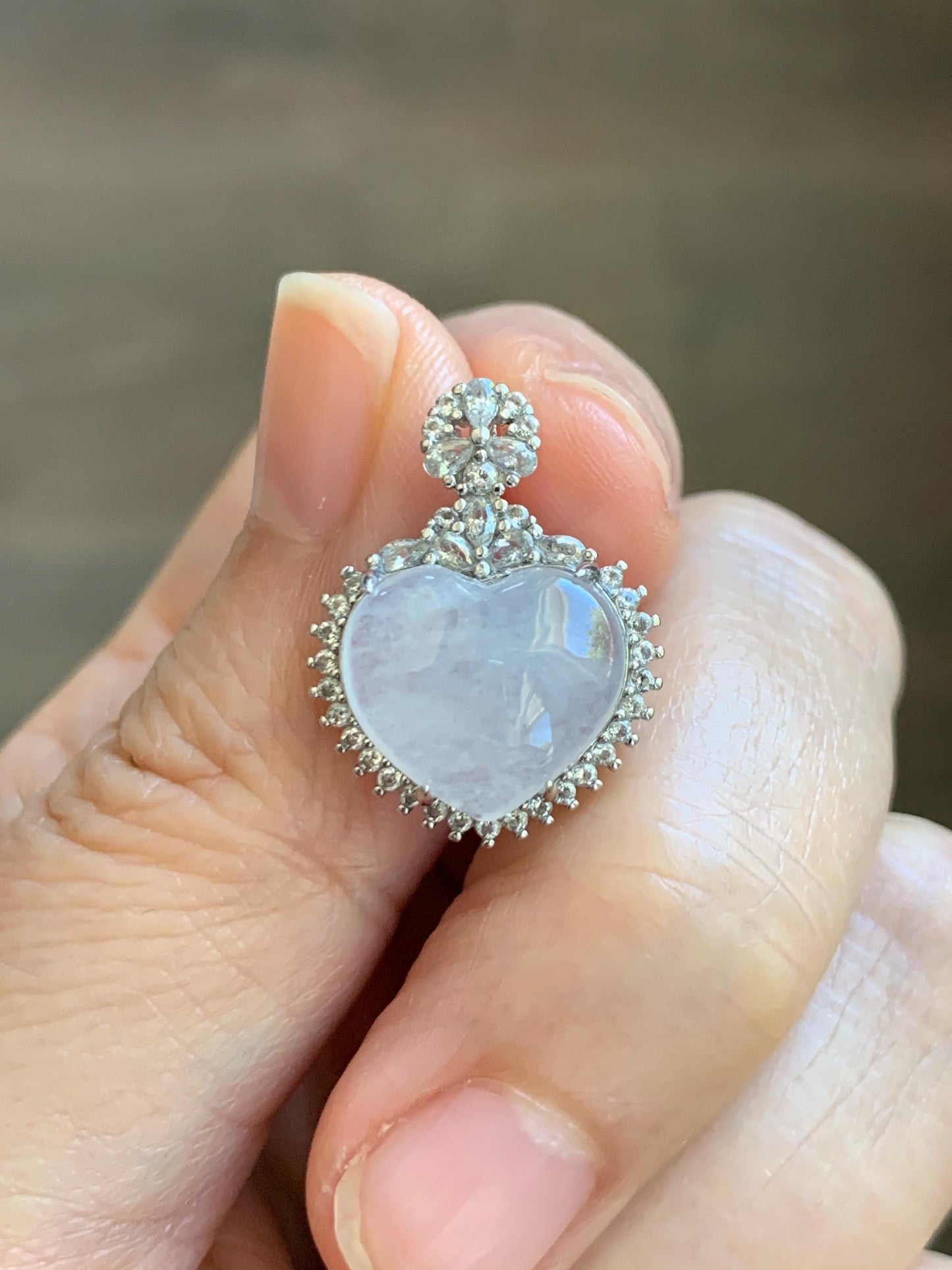 Natural Grade A Icy Highly Translucent White Jade Jadeite Heart Pendant Sterling Silver 3g 天然白冰翡翠爱心蛋面银镶吊坠 GAX150W