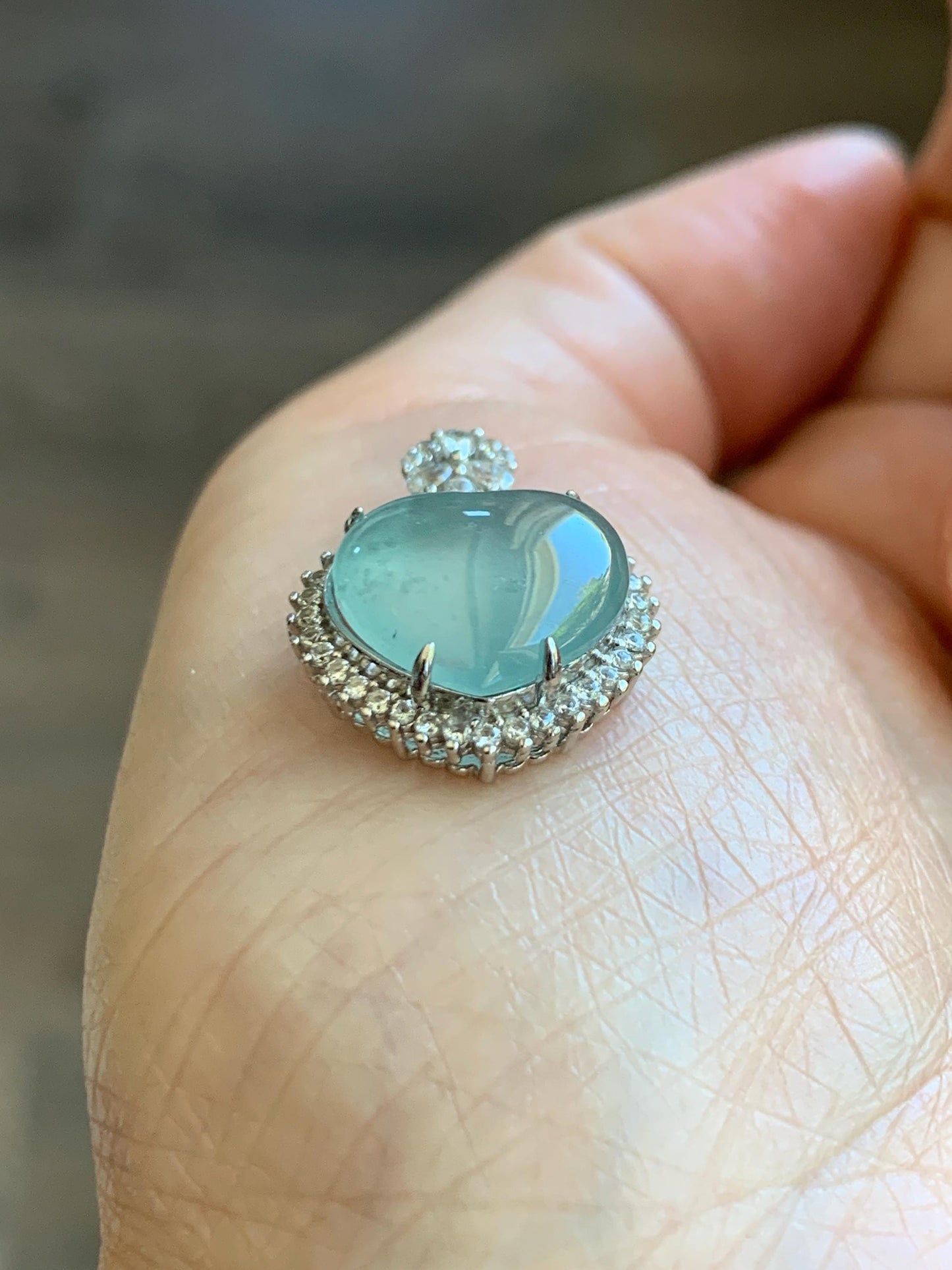 Natural Grade A Guatemalan Icy Highly Translucent Light Teal Jade Jadeite Heart Pendant Sterling Silver 3g 天然冰危晴蓝翡翠爱心蛋面银镶吊坠 GAX150Q