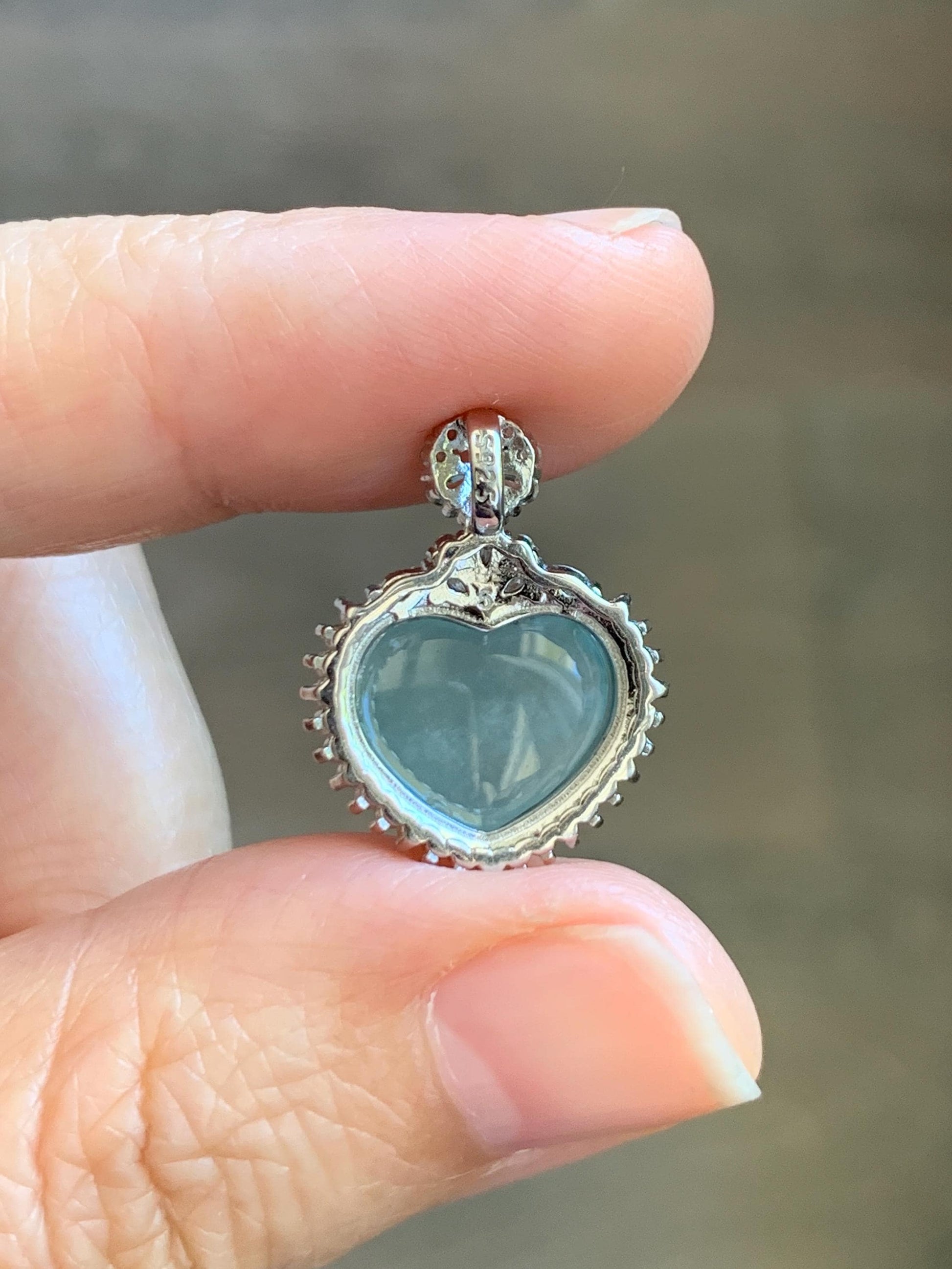 Natural Grade A Guatemalan Icy Highly Translucent Light Teal Jade Jadeite Heart Pendant Sterling Silver 3g 天然冰危晴蓝翡翠爱心蛋面银镶吊坠 GAX150Q