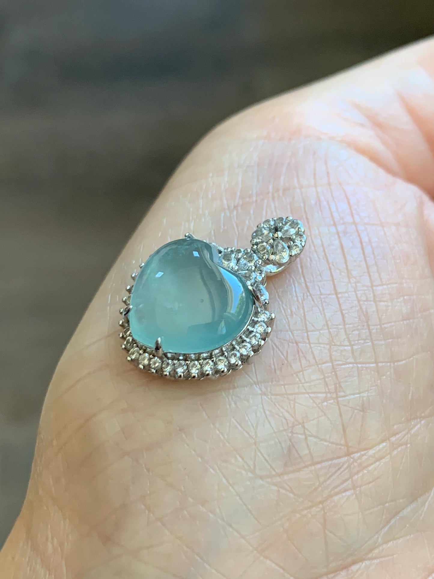 Natural Grade A Guatemalan Icy Highly Translucent Light Teal Jade Jadeite Heart Pendant Sterling Silver 3g 天然冰危晴蓝翡翠爱心蛋面银镶吊坠 GAX150Q