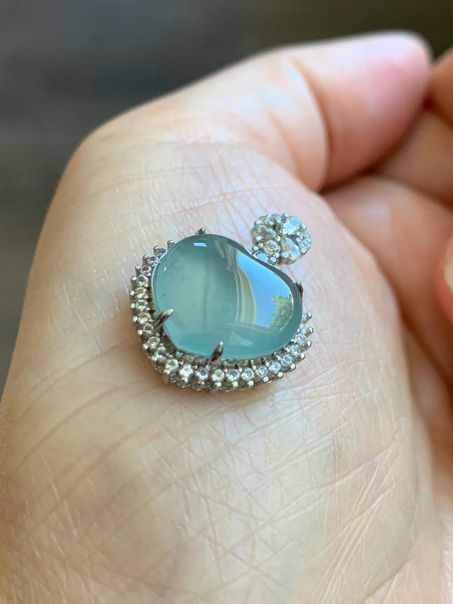 Natural Grade A Guatemalan Icy Highly Translucent Light Teal Jade Jadeite Heart Pendant Sterling Silver 3g 天然冰危晴蓝翡翠爱心蛋面银镶吊坠 GAX150Q