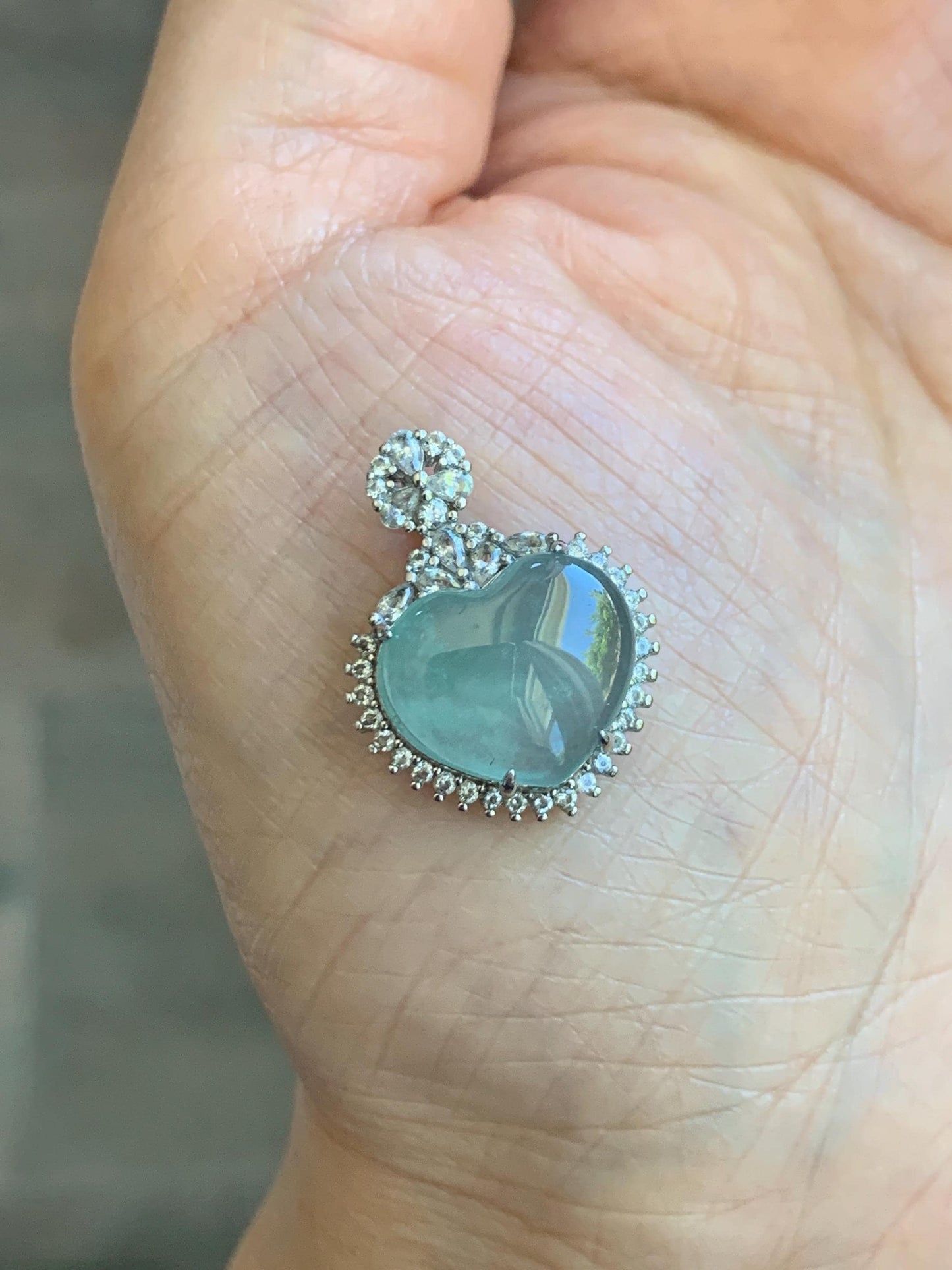 Natural Grade A Guatemalan Icy Highly Translucent Light Teal Jade Jadeite Heart Pendant Sterling Silver 3g 天然冰危晴蓝翡翠爱心蛋面银镶吊坠 GAX150Q