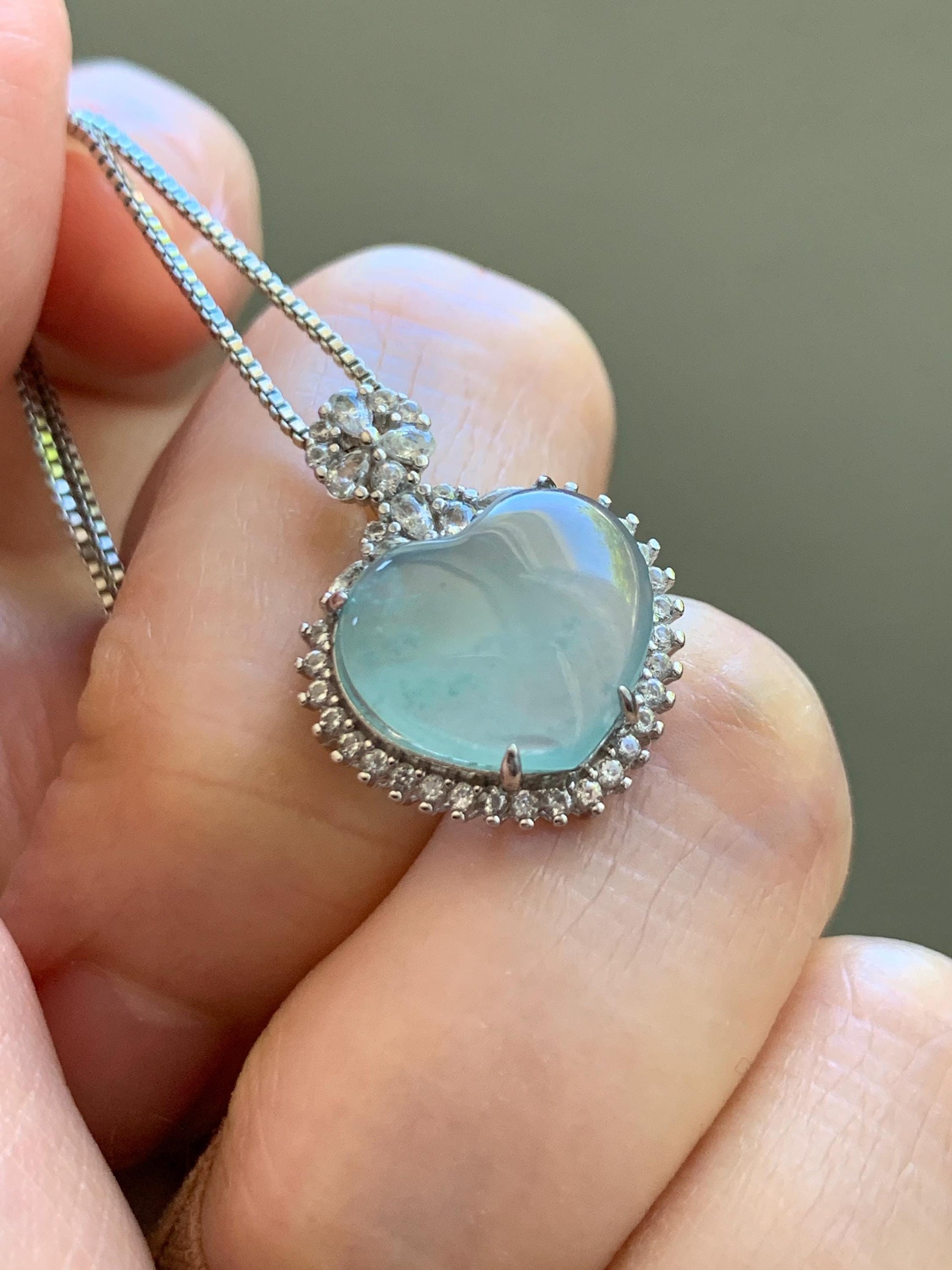 Natural Grade A Guatemalan Icy Highly Translucent Light Teal Jade Jadeite Heart Pendant Sterling Silver 3g 天然冰危晴蓝翡翠爱心蛋面银镶吊坠 GAX150Q