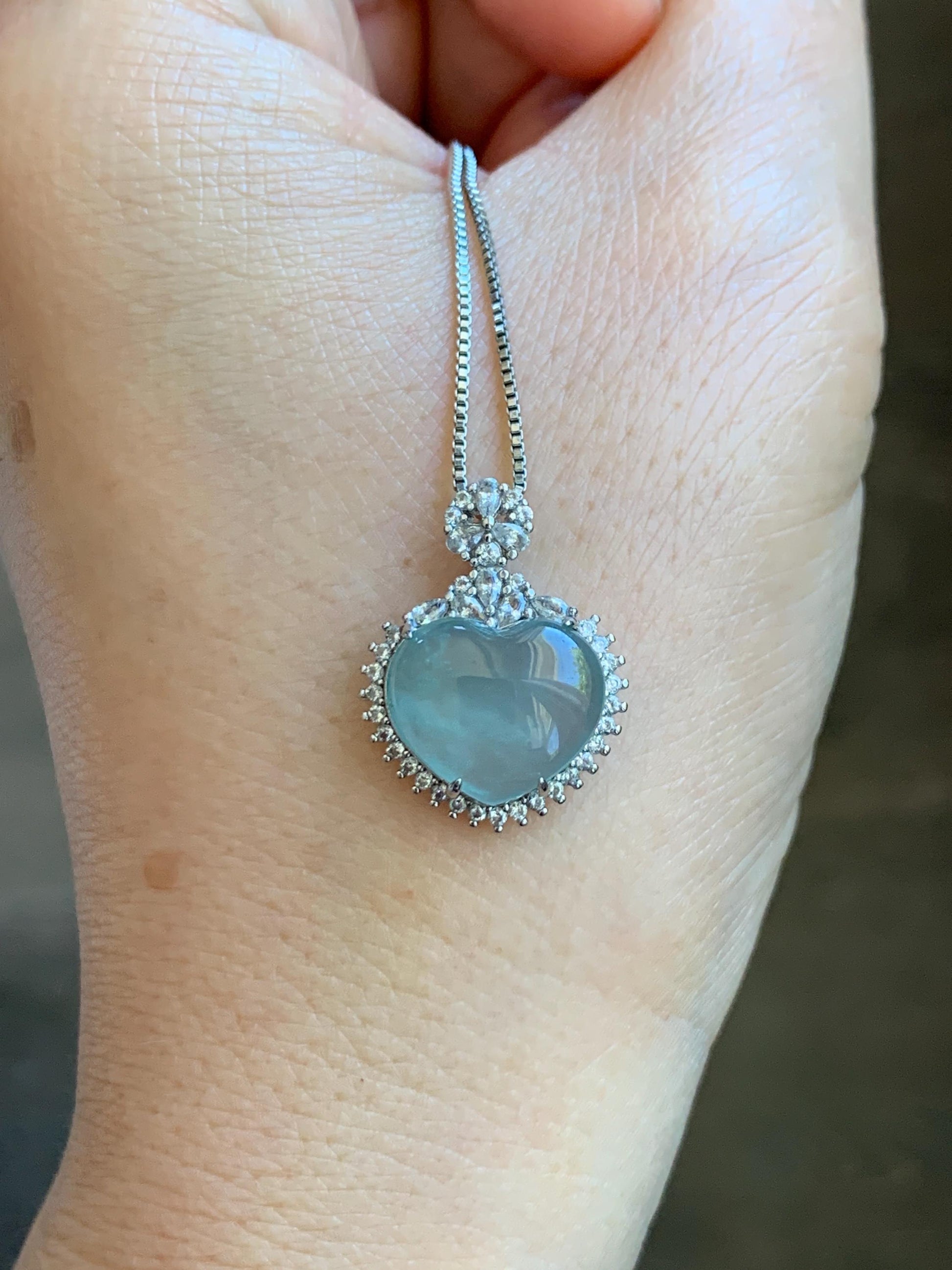 Natural Grade A Guatemalan Icy Highly Translucent Light Teal Jade Jadeite Heart Pendant Sterling Silver 3g 天然冰危晴蓝翡翠爱心蛋面银镶吊坠 GAX150Q