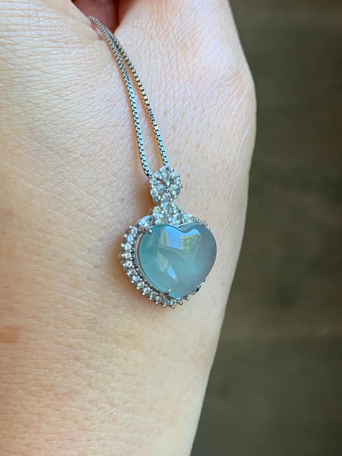 Natural Grade A Guatemalan Icy Highly Translucent Light Teal Jade Jadeite Heart Pendant Sterling Silver 3g 天然冰危晴蓝翡翠爱心蛋面银镶吊坠 GAX150Q