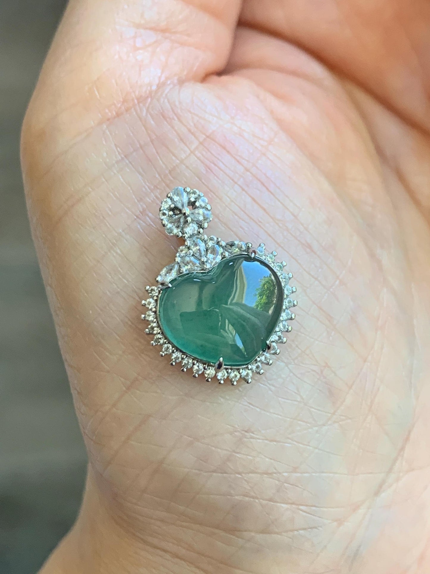 Natural Grade A Guatemalan Icy Highly Translucent Light Teal Green Jade Jadeite Heart Pendant Sterling Silver 3g 天然冰危晴绿翡翠爱心蛋面银镶吊坠 GAX150L