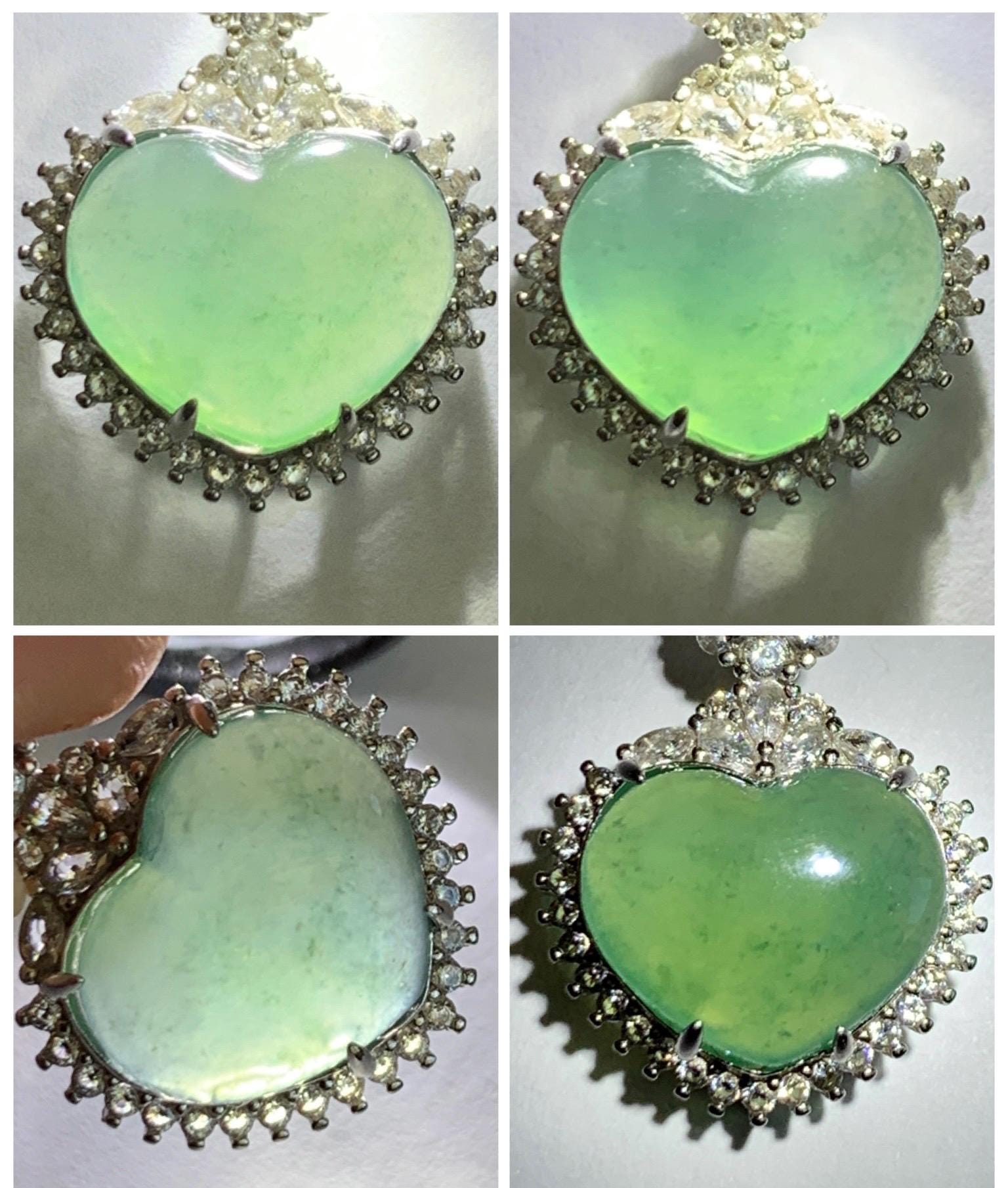 Natural Grade A Guatemalan Icy Highly Translucent Light Teal Green Jade Jadeite Heart Pendant Sterling Silver 3g 天然冰危晴绿翡翠爱心蛋面银镶吊坠 GAX150L