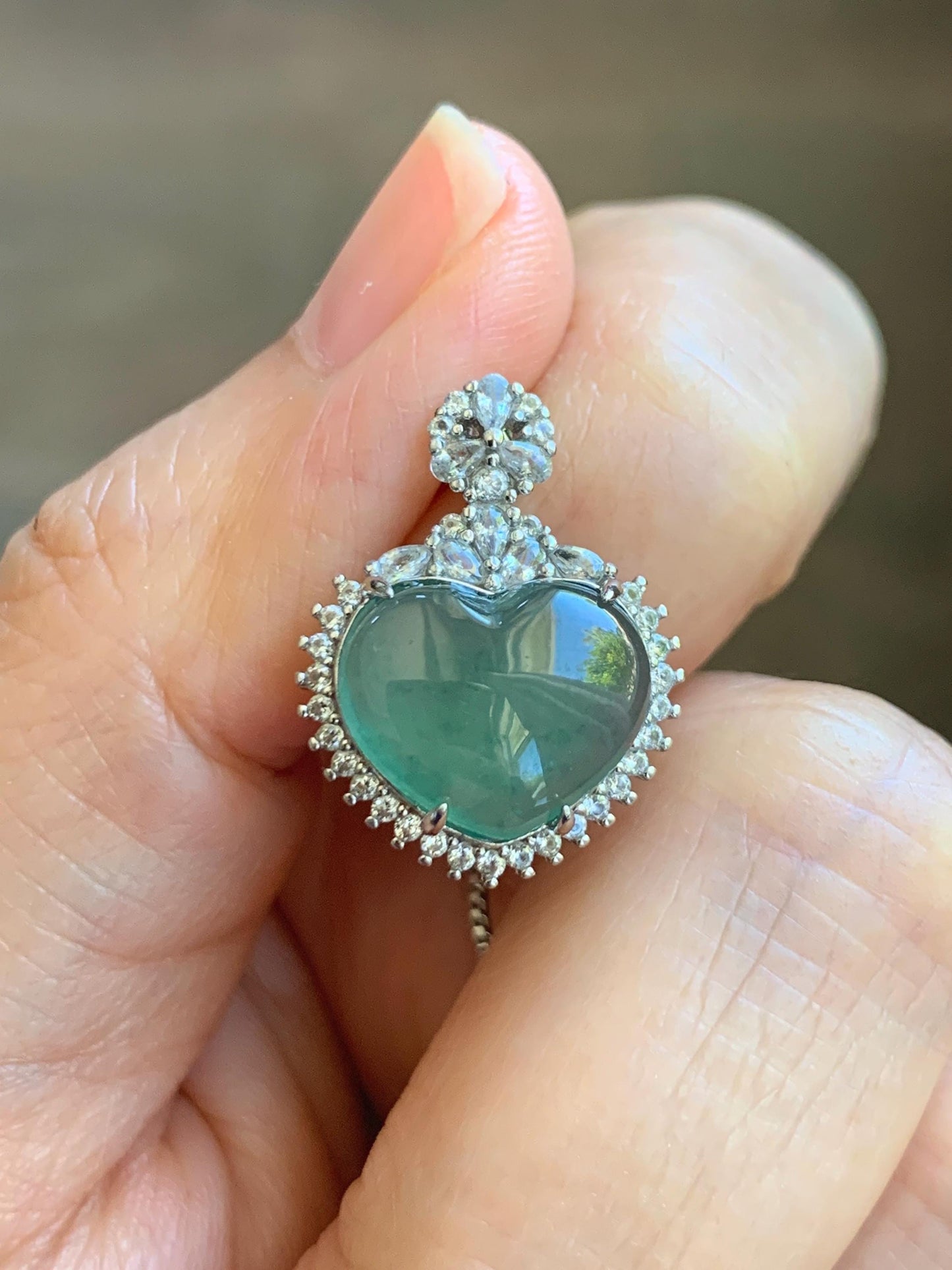 Natural Grade A Guatemalan Icy Highly Translucent Light Teal Green Jade Jadeite Heart Pendant Sterling Silver 3g 天然冰危晴绿翡翠爱心蛋面银镶吊坠 GAX150L
