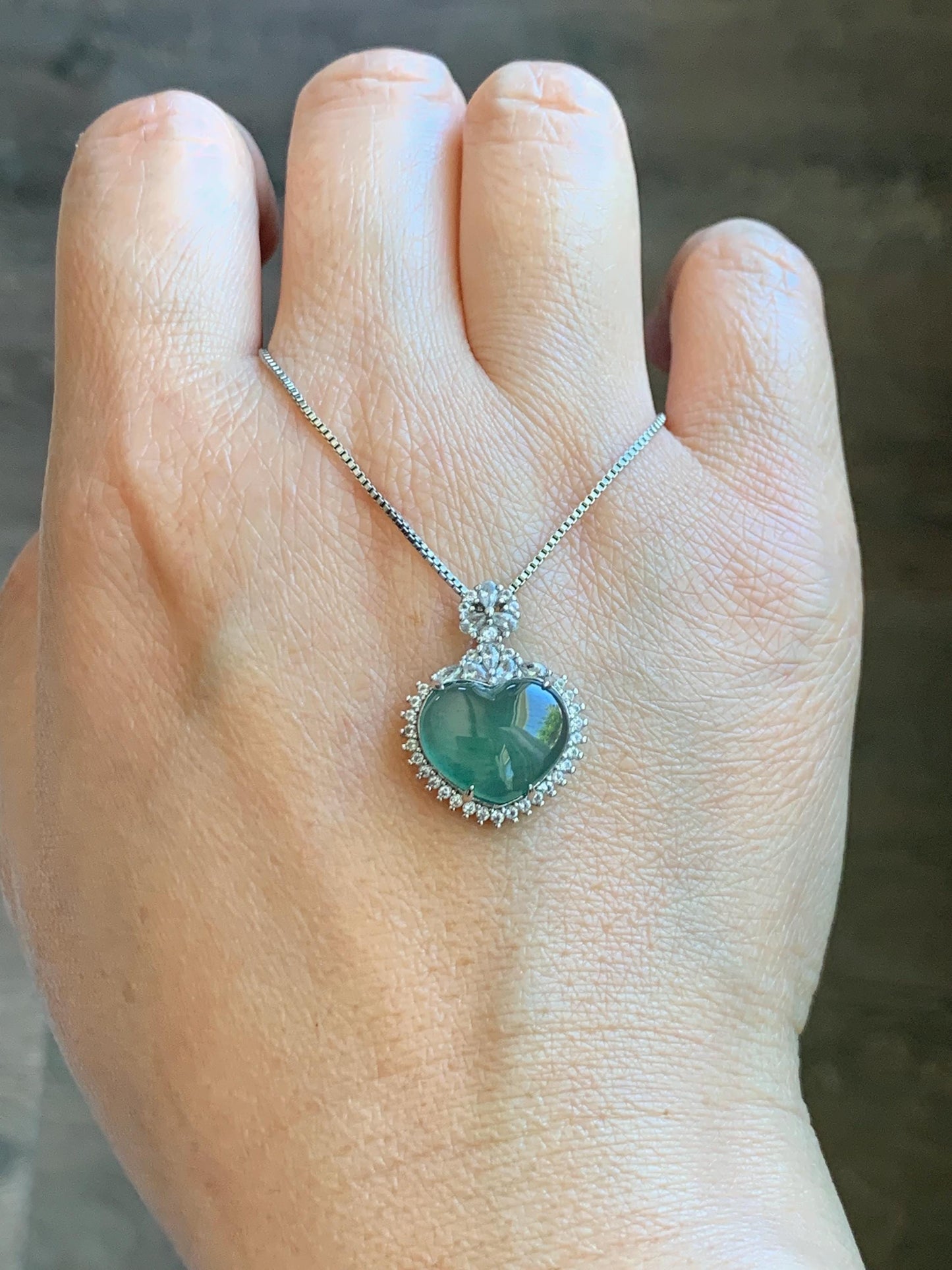 Natural Grade A Guatemalan Icy Highly Translucent Light Teal Green Jade Jadeite Heart Pendant Sterling Silver 3g 天然冰危晴绿翡翠爱心蛋面银镶吊坠 GAX150L
