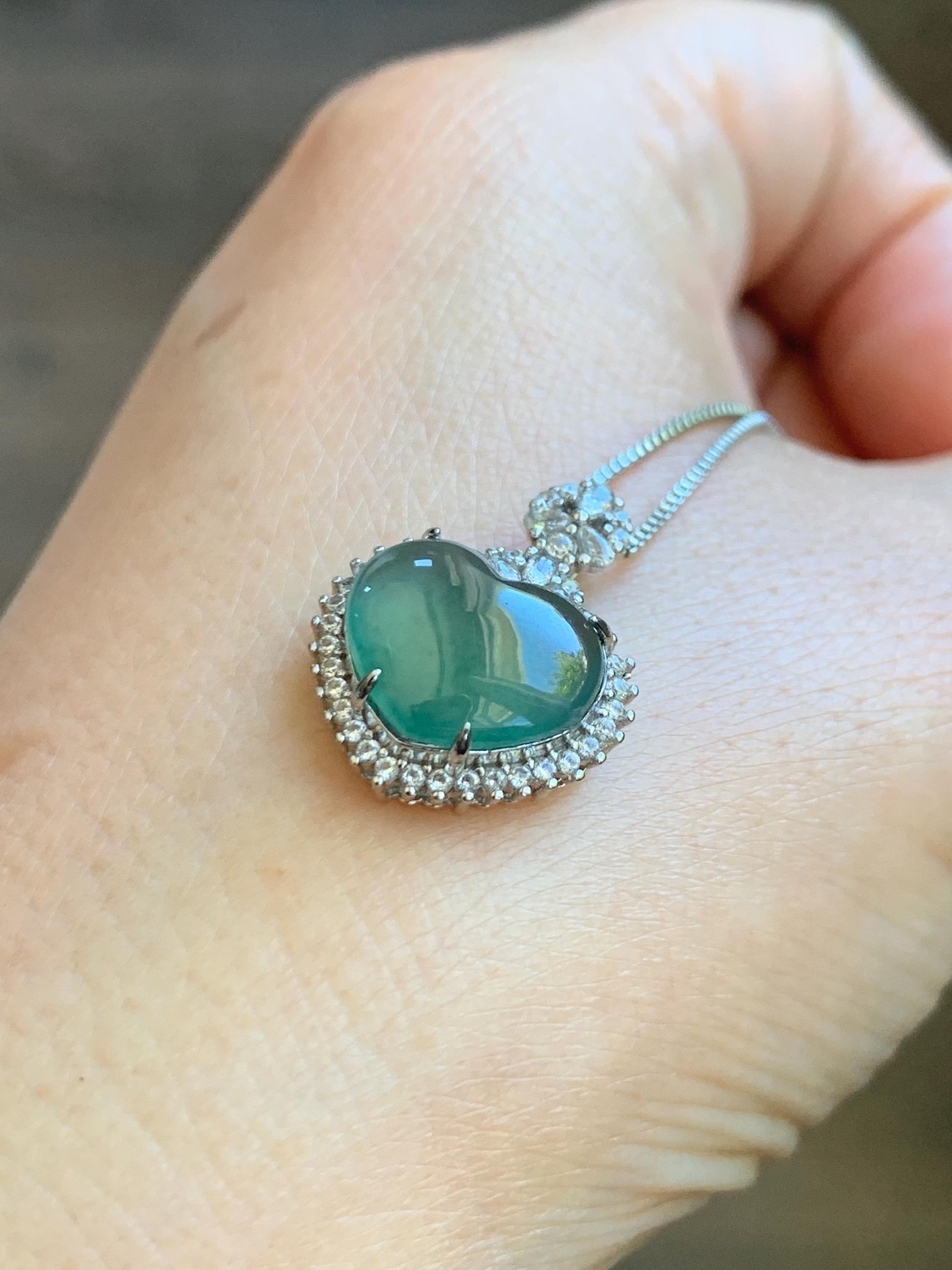 Natural Grade A Guatemalan Icy Highly Translucent Light Teal Green Jade Jadeite Heart Pendant Sterling Silver 3g 天然冰危晴绿翡翠爱心蛋面银镶吊坠 GAX150L