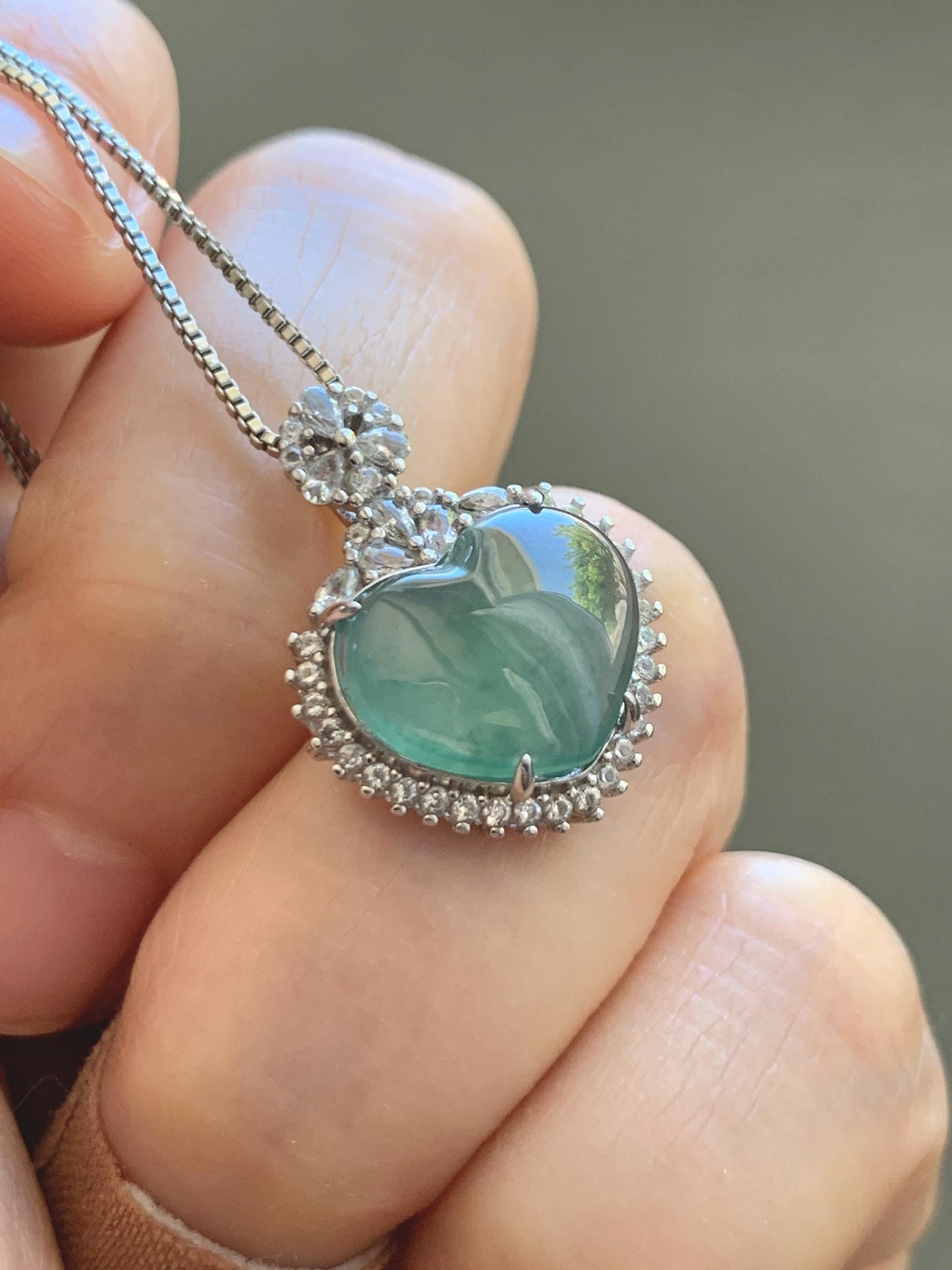 Natural Grade A Guatemalan Icy Highly Translucent Light Teal Green Jade Jadeite Heart Pendant Sterling Silver 3g 天然冰危晴绿翡翠爱心蛋面银镶吊坠 GAX150L