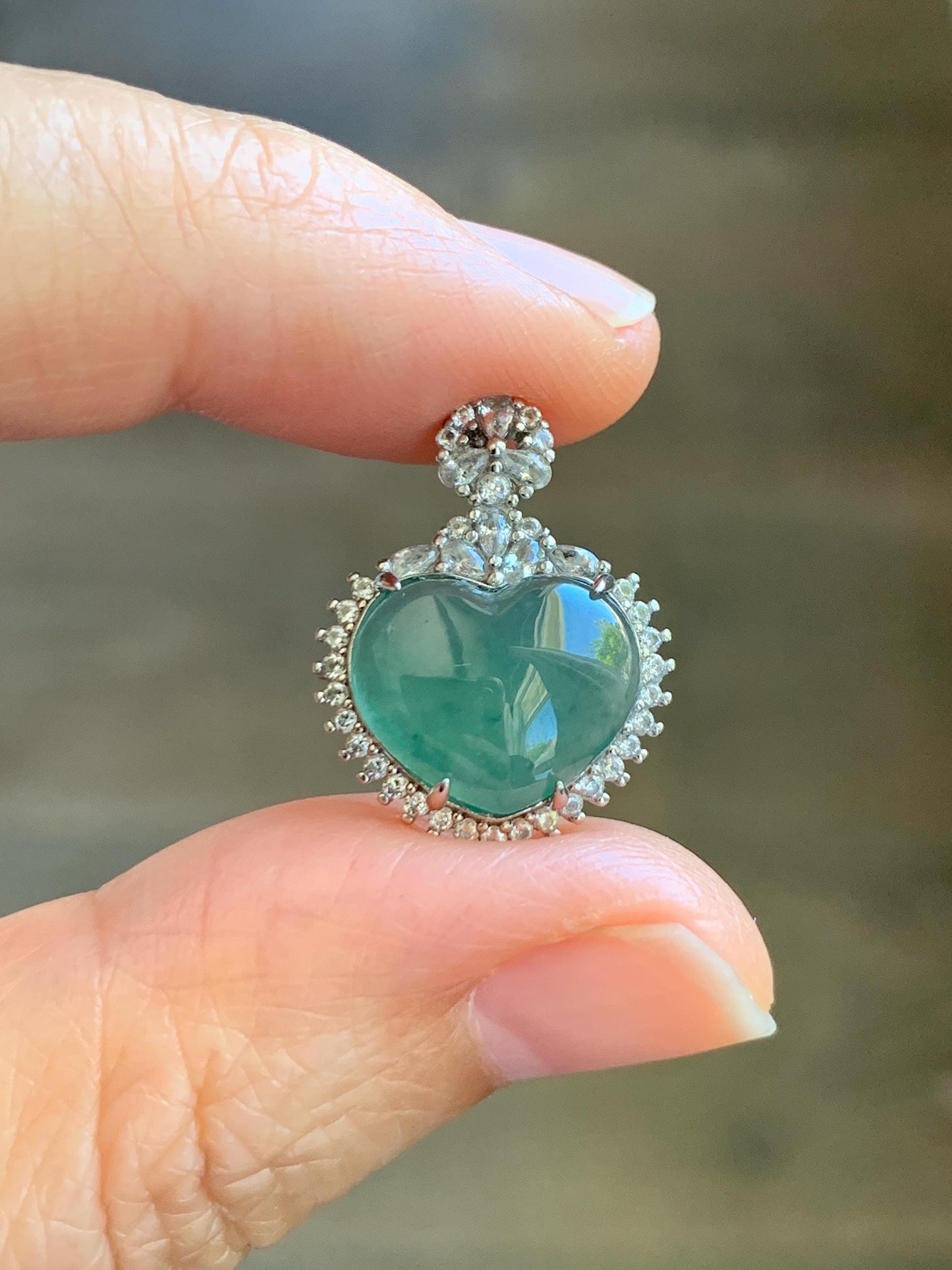 Natural Grade A Guatemalan Icy Highly Translucent Light Teal Green Jade Jadeite Heart Pendant Sterling Silver 3g 天然冰危晴绿翡翠爱心蛋面银镶吊坠 GAX150L