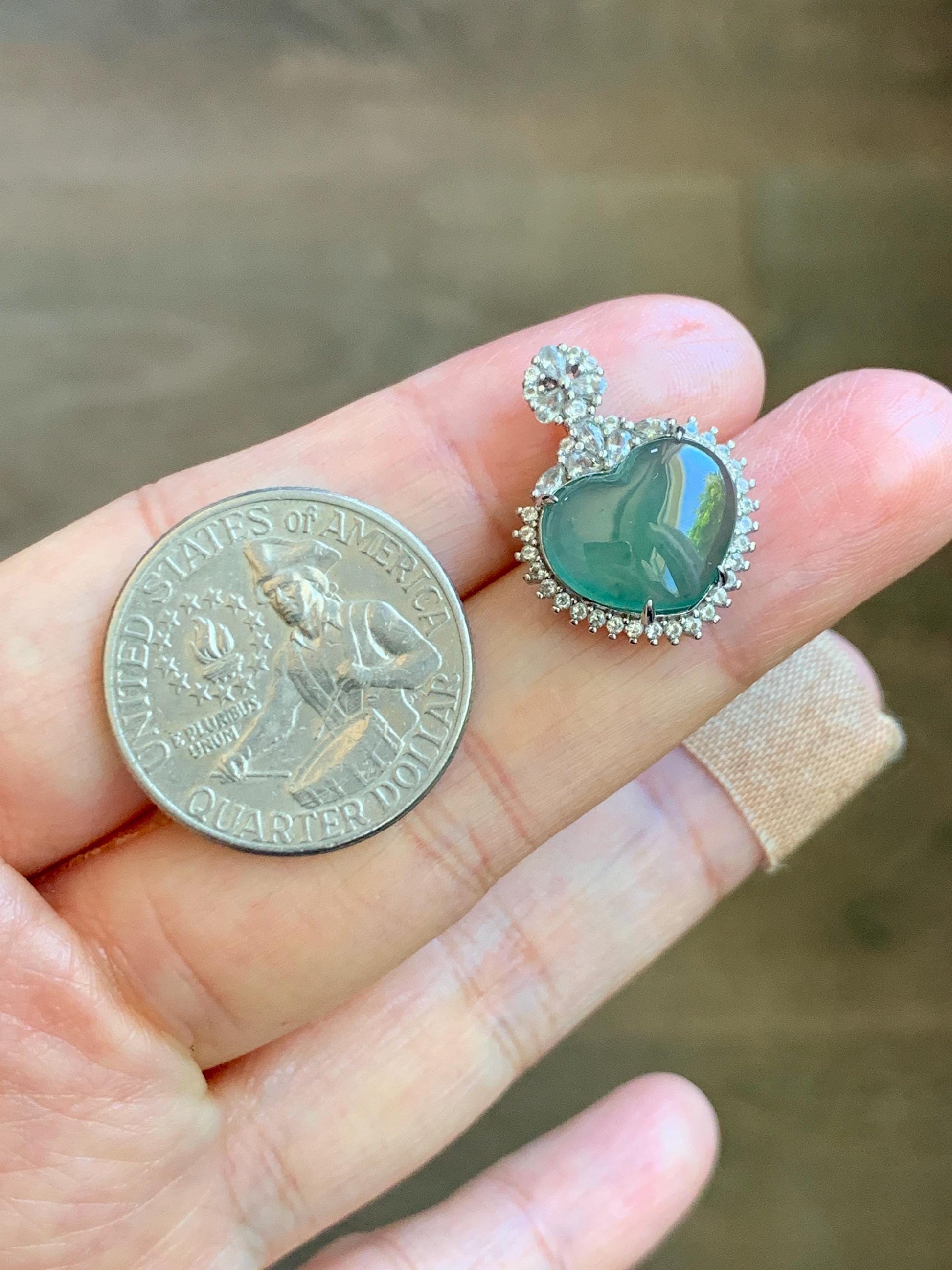 Natural Grade A Guatemalan Icy Highly Translucent Light Teal Green Jade Jadeite Heart Pendant Sterling Silver 3g 天然冰危晴绿翡翠爱心蛋面银镶吊坠 GAX150L